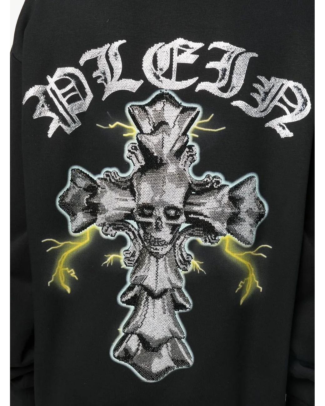Philipp Plein Black Gothic-Print Rhinestone-Embellished Hoodie for men