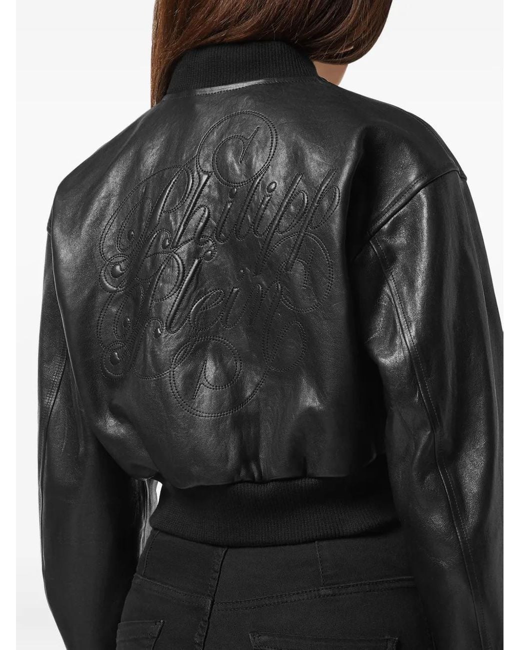 Philipp Plein Black Cropped Leather Bomber Embossed Signature