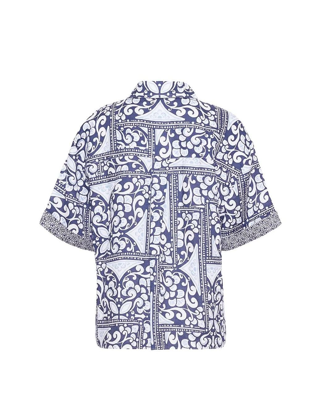 Cara Cara Blue Tile-Print Linen Top