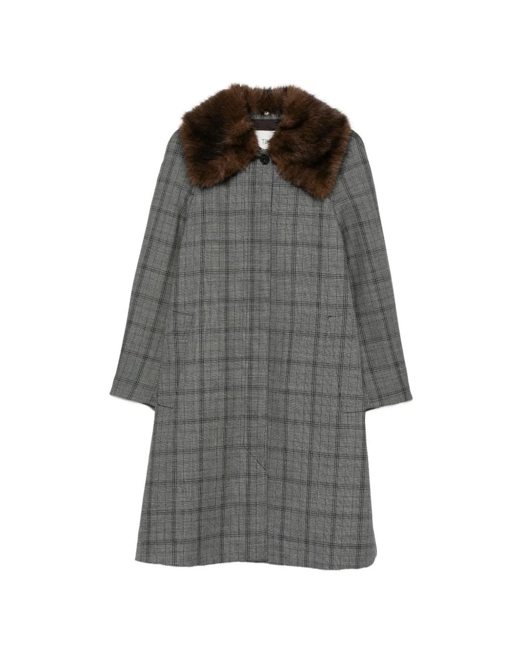 Tela Gray Check Faux-Fur Collar Coat