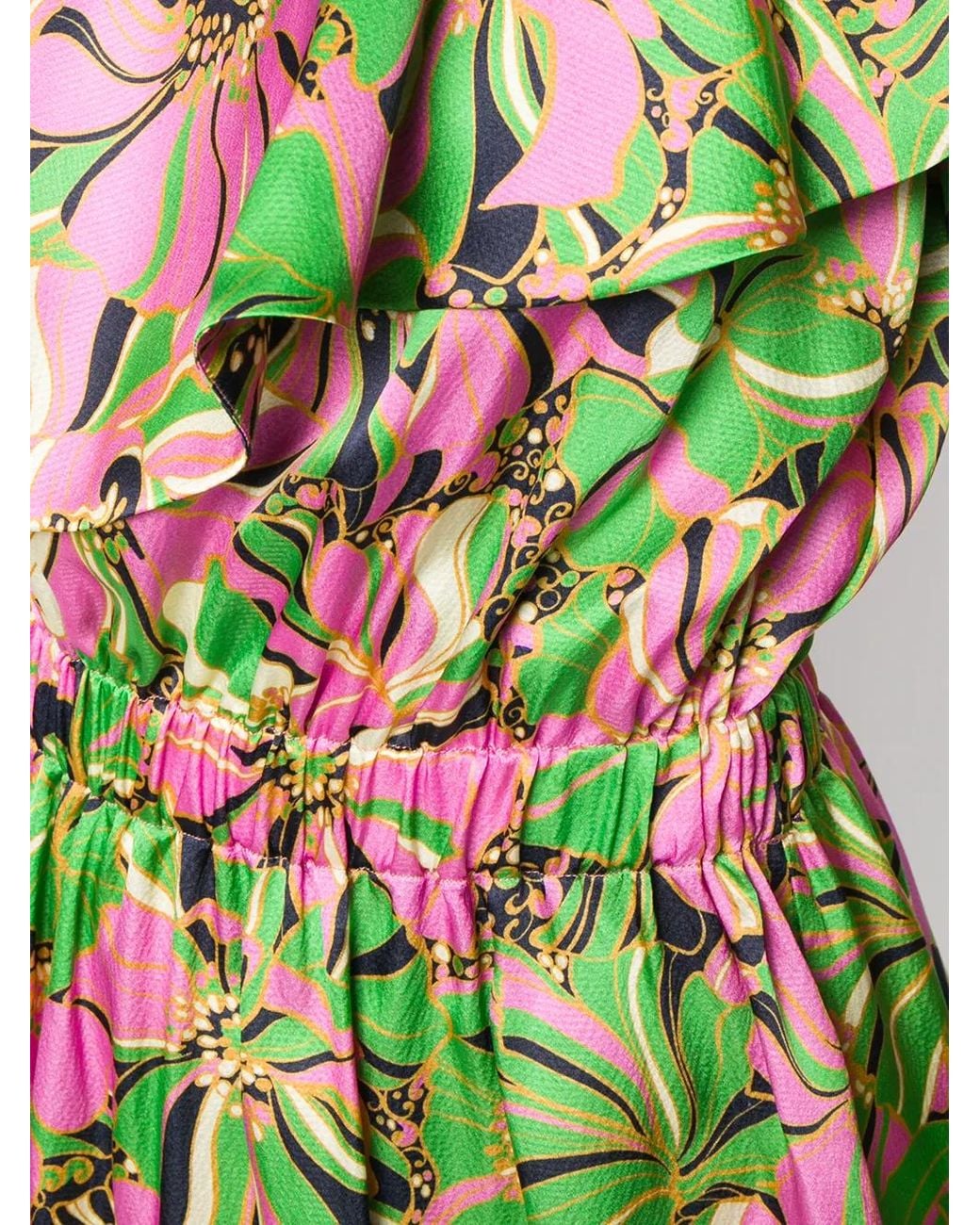 LaDoubleJ Green Boogie Floral-print Ruffle One-shoulder Silk Dress