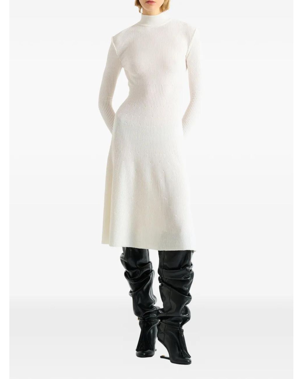 Balmain White Long Ribbed Knit Dress