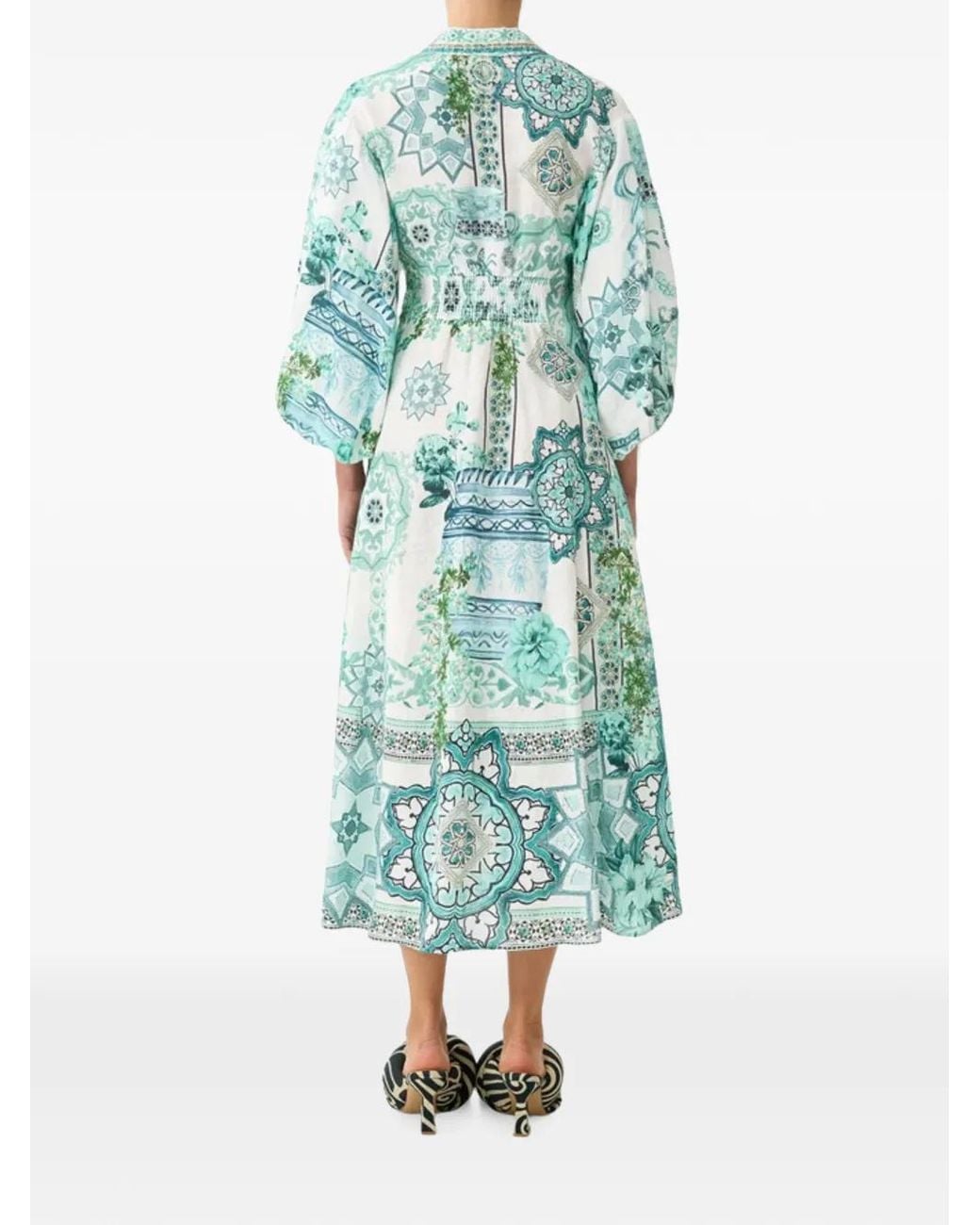 Camilla Blue Printed Bubble-Sleeve Shirt Midi Dress