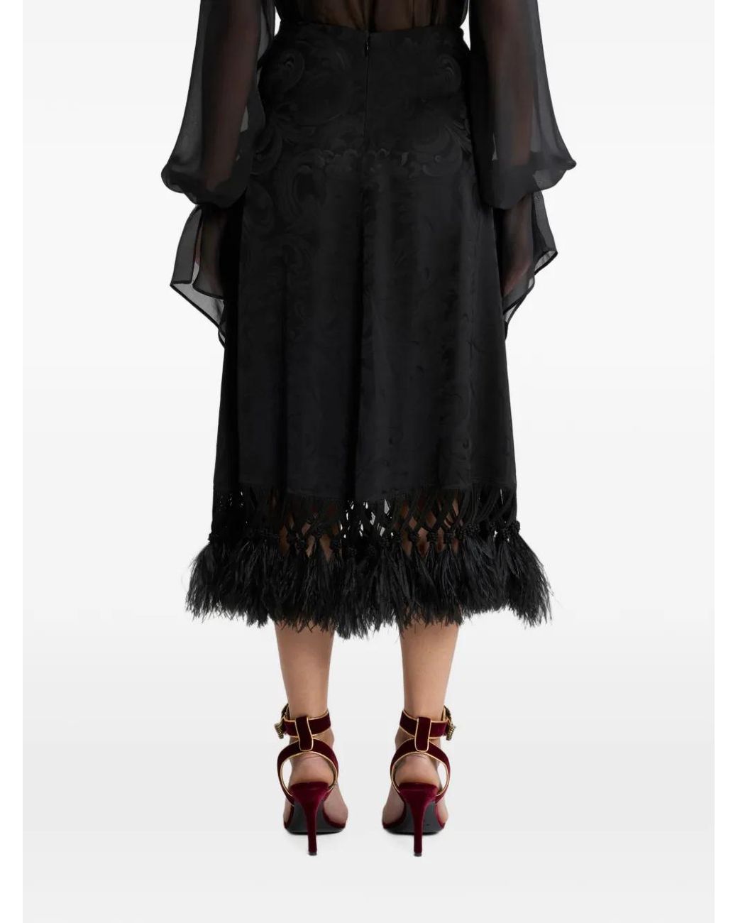 Etro Black Paisley-Jacquard Midi Skirt With Feather Trim