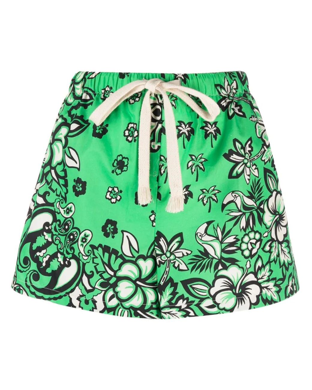 RED Valentino Green Floral-Print Drawstring Shorts