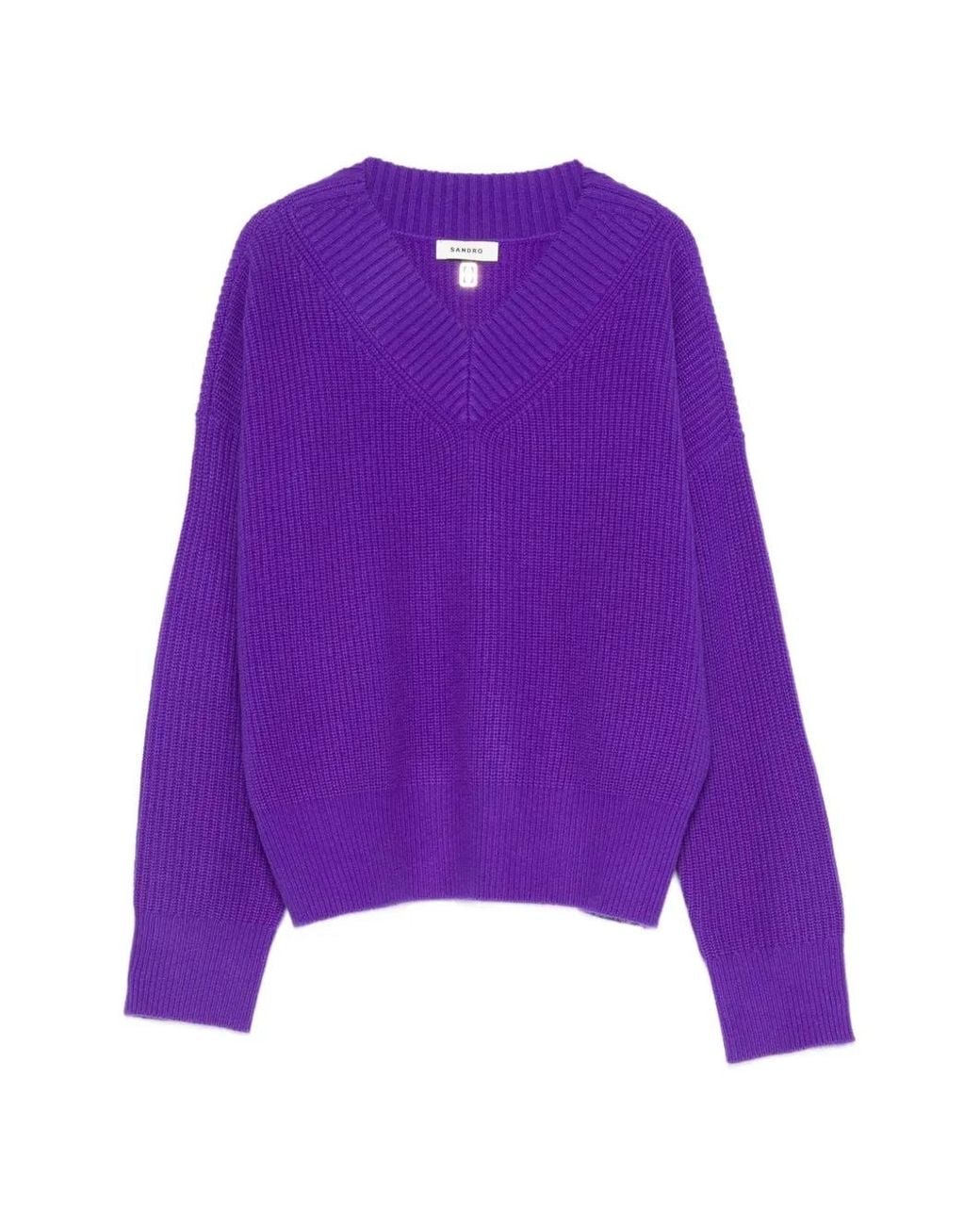 Sandro Purple Ribbed-Knit V-Neck Sweater