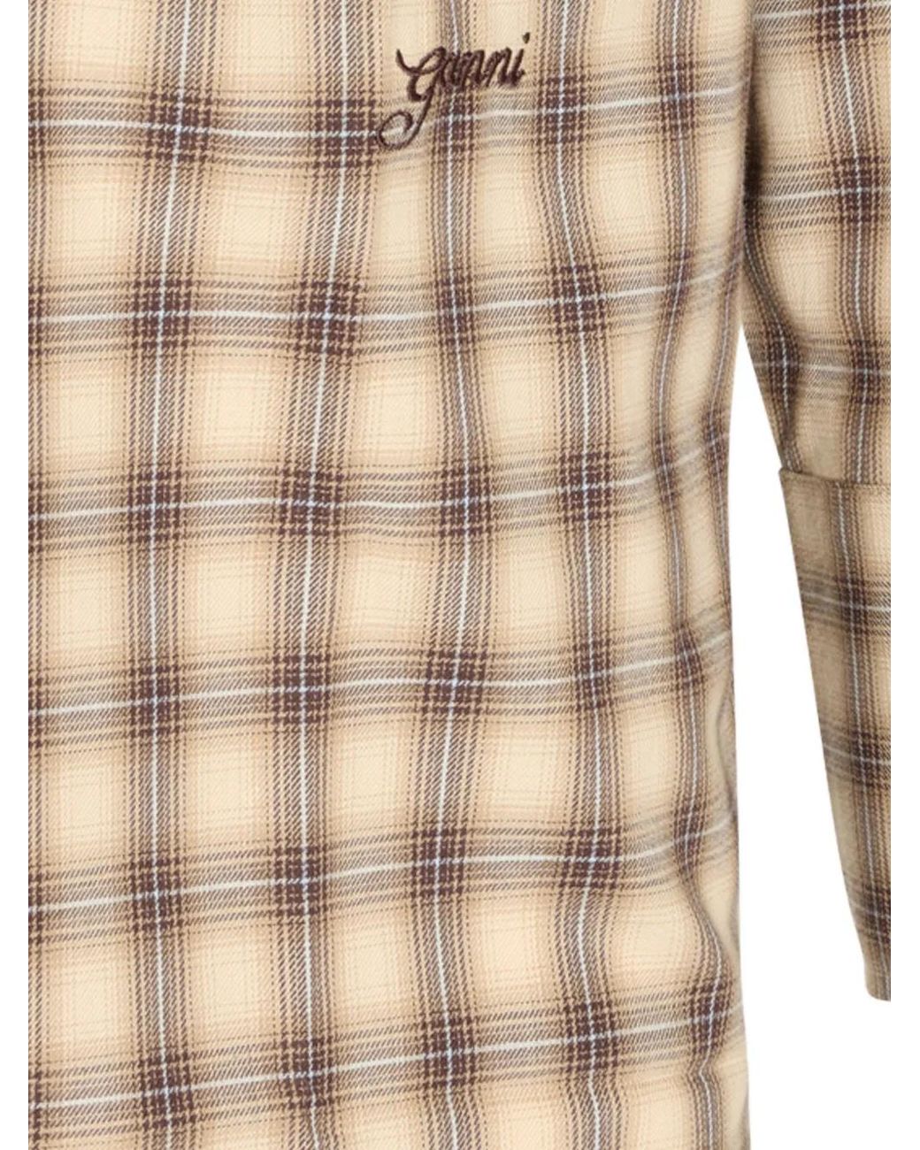 Ganni Natural Check-Print Puff-Sleeve Shirt