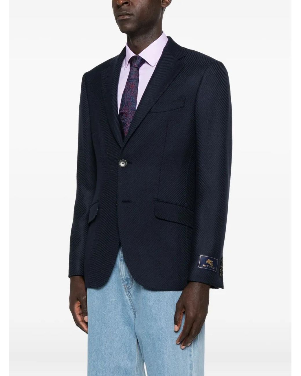 Etro Blue Notched Patterned Blazer for men