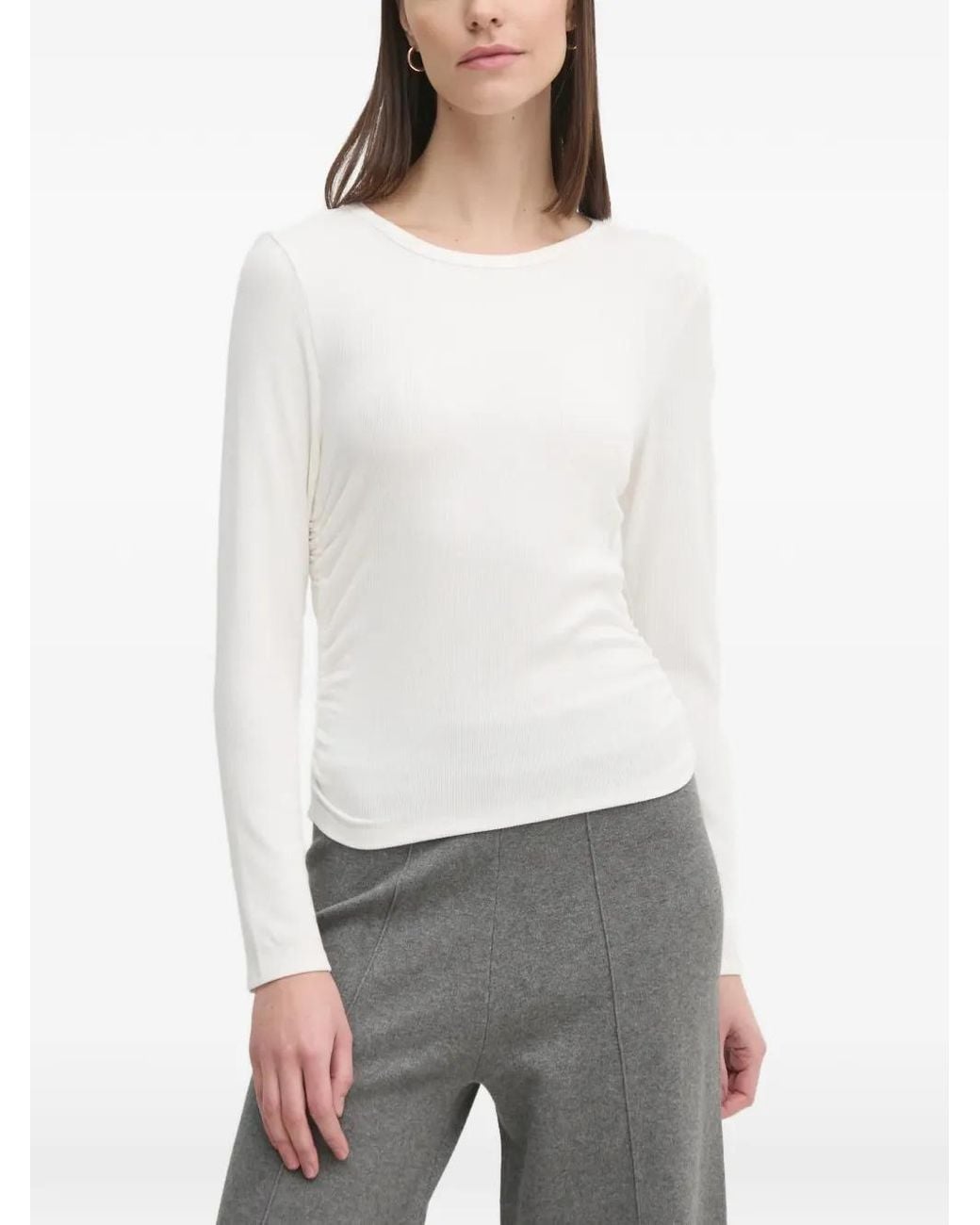DKNY White Ribbed Ruched T-Shirt