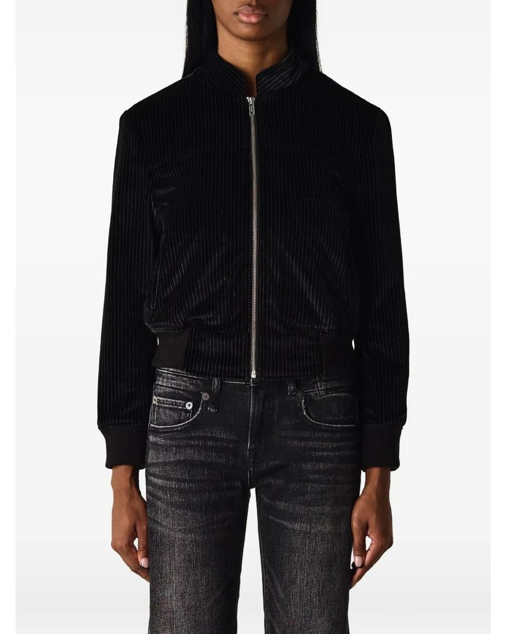 R13 Black Pinstripe-Pattern Stand-Collar Jacket