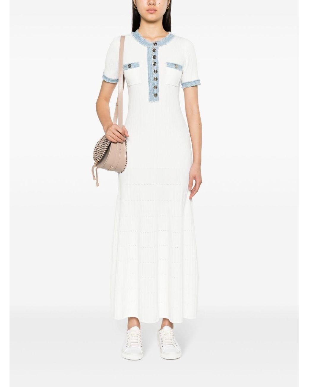 sandro knit and denim maxi dress Julietta Denim Collar Knit Maxi Dress Navy Blue