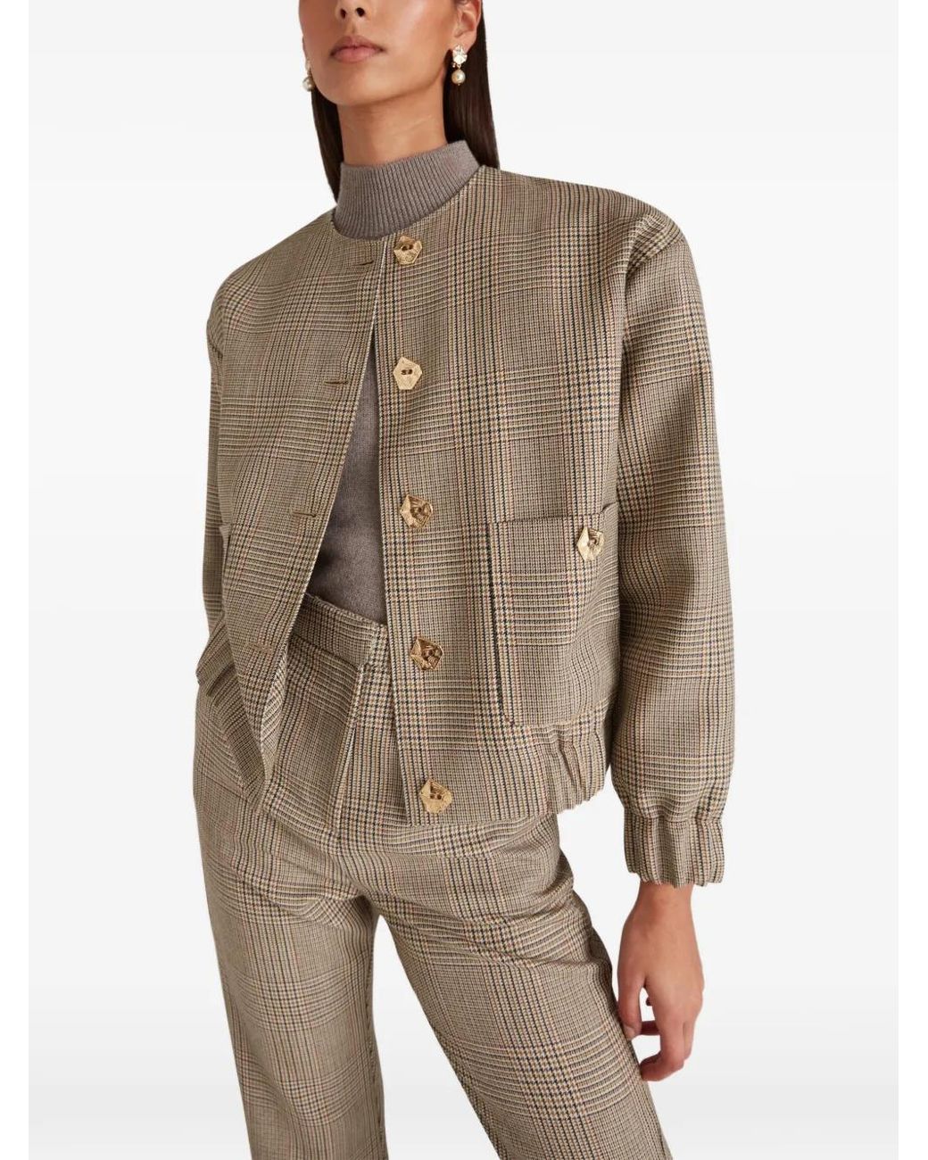 Violante Nessi Brown Houndstooth-Pattern Wool Bomber Jacket