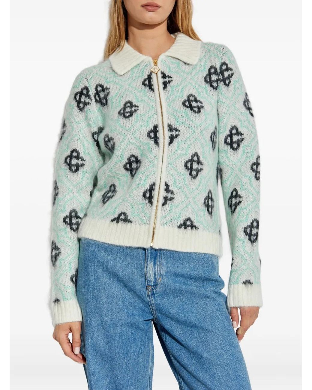 Casablanca Blue Monogram-Pattern Zip-Up Cardigan