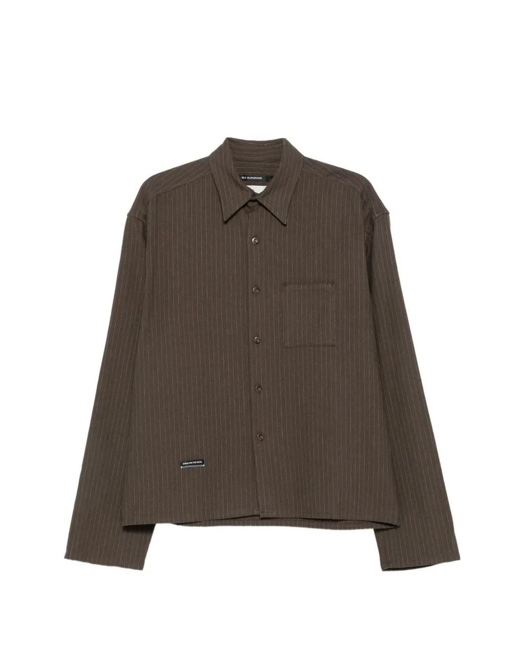 Song For The Mute Brown School Pinstripe-Pattern Logo-Patch Shirt for men