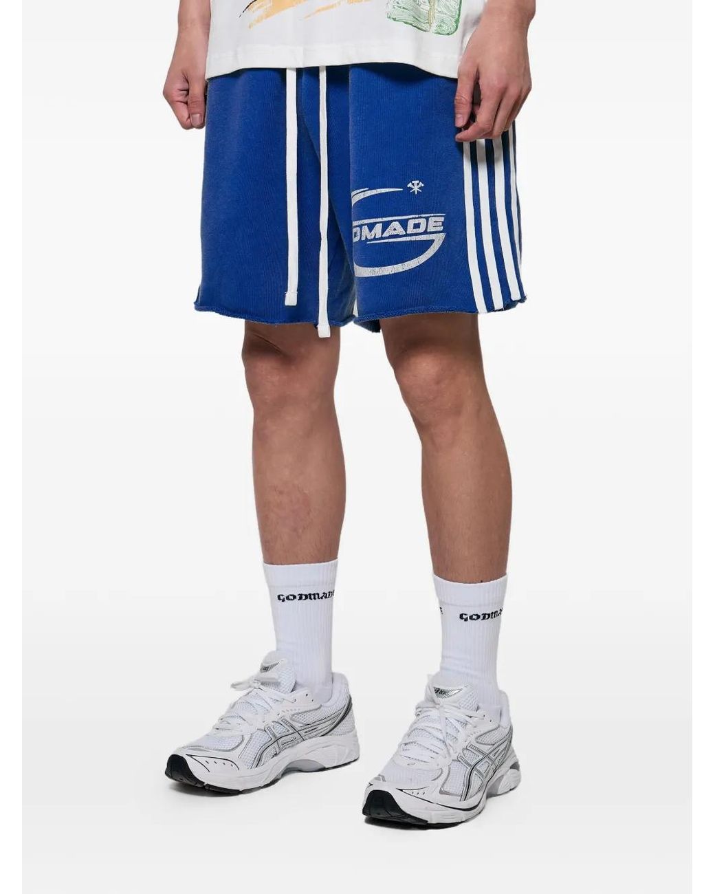 GODMADE Blue Imperial Logo-Print Side-Stripe Shorts for men