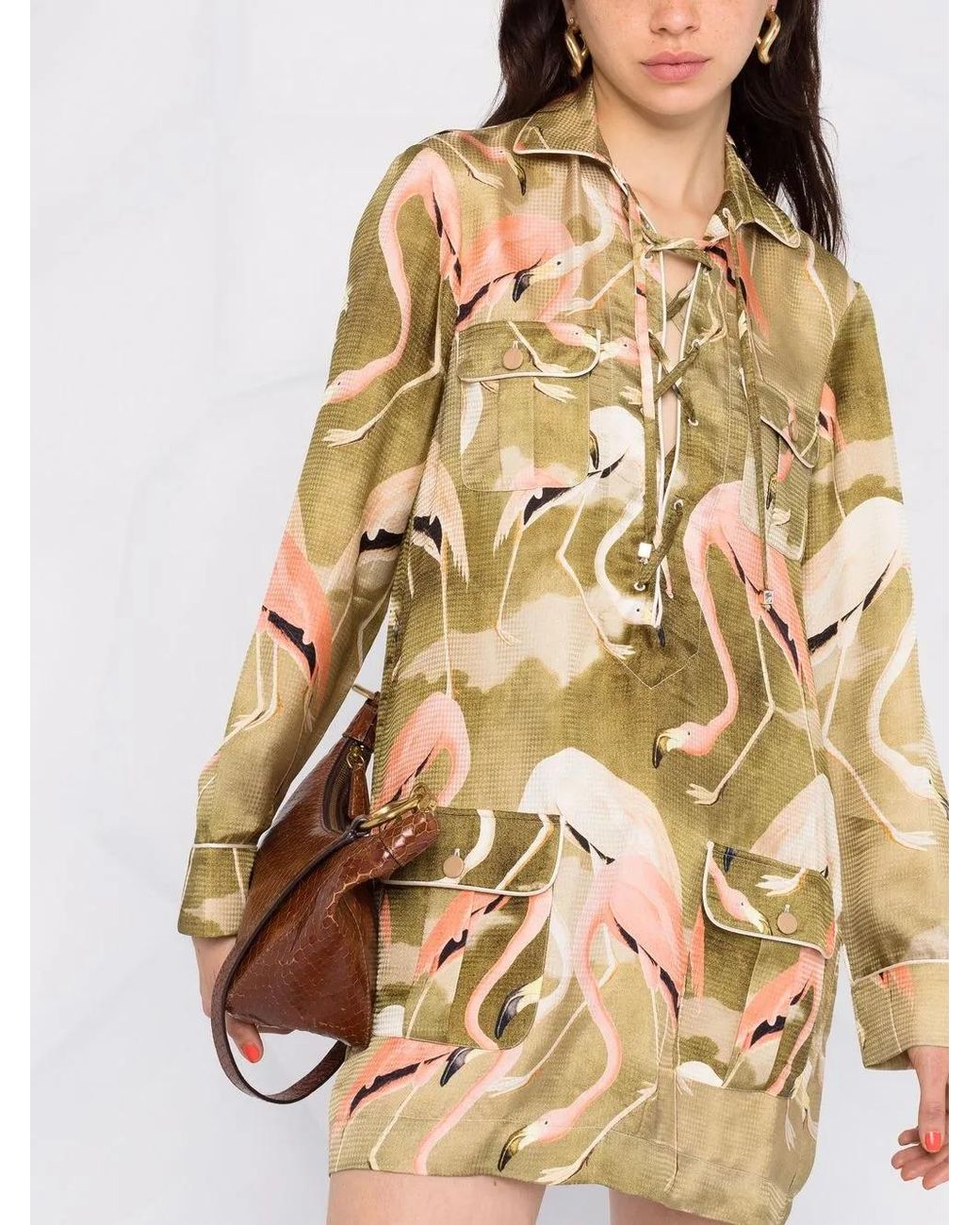F.R.S For Restless Sleepers Green Flamingo Print Shirt Dress