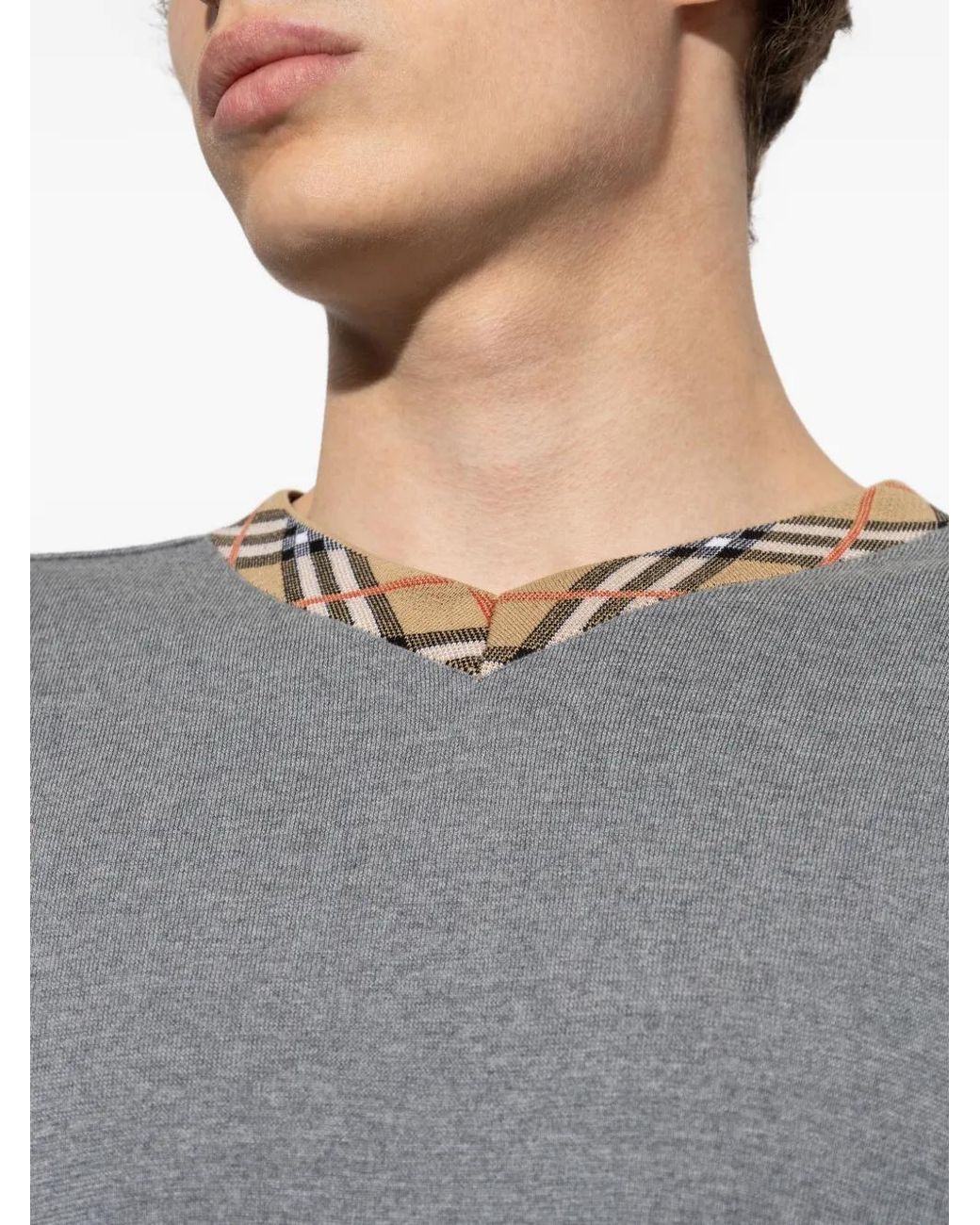 Burberry Gray Check Trim Sweater for men