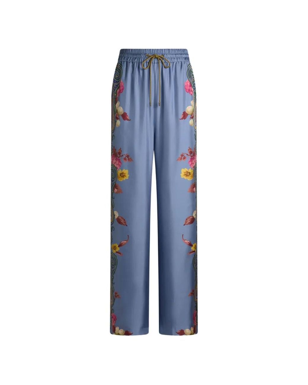 Etro Blue Silk Trousers With Placed Floral Paisley Print