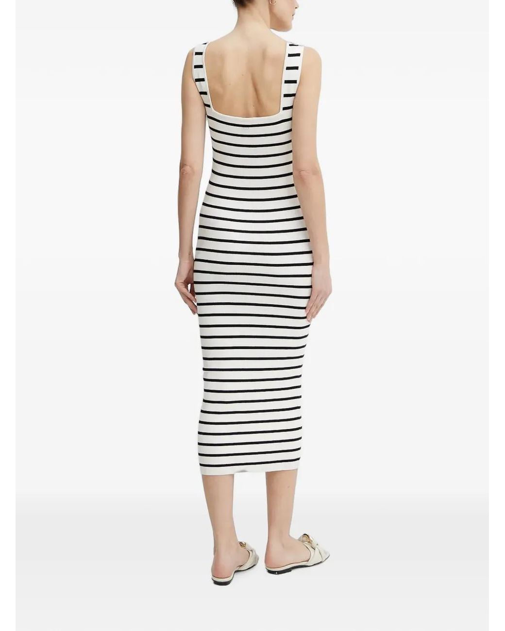 Morgan White Striped Ribbed-Knit Midi Dress