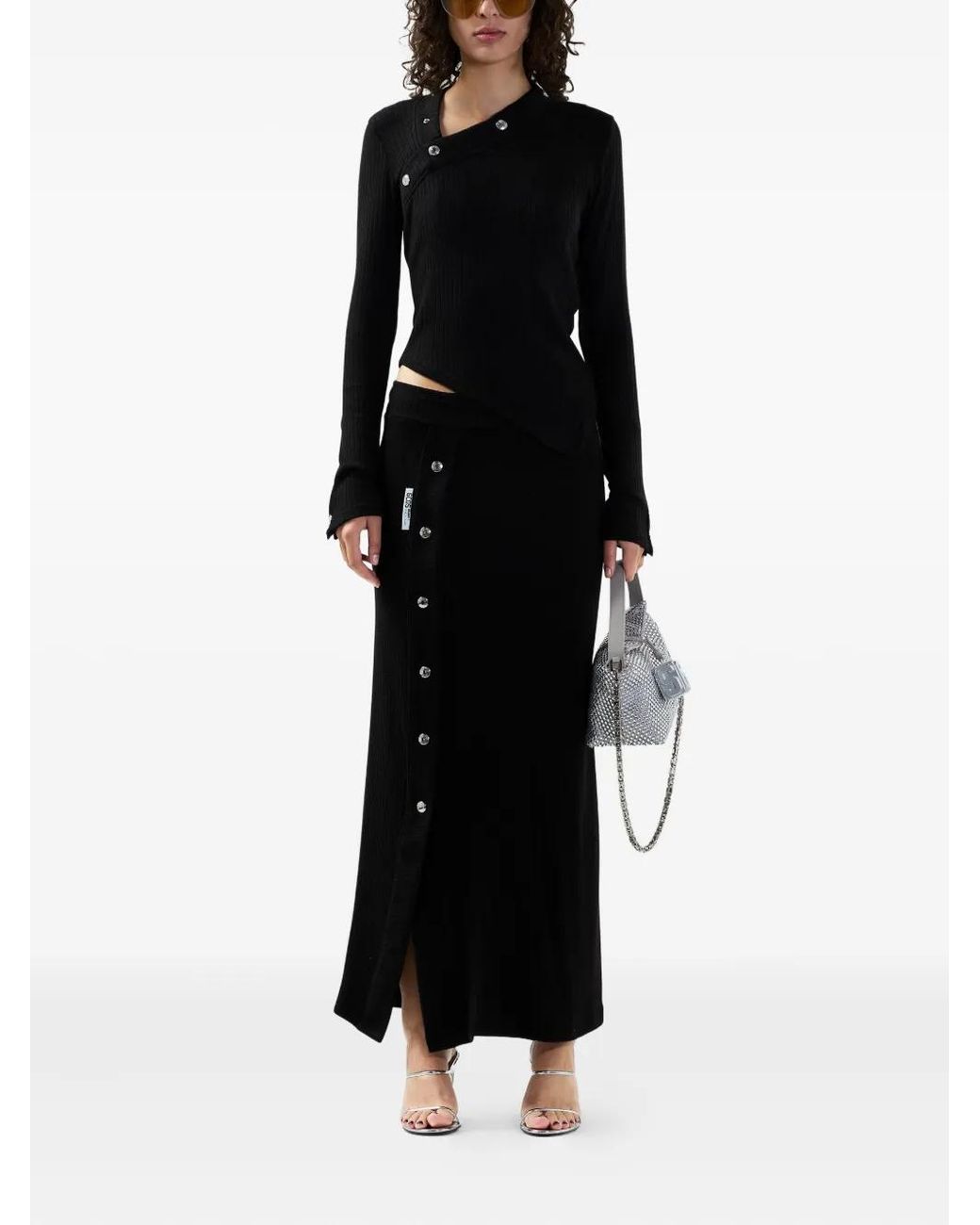 Gcds Black Button Ribbed Midi Skirt