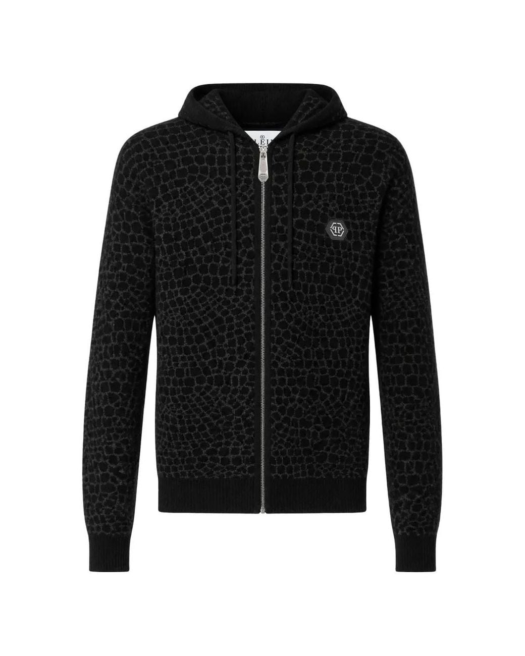 Philipp Plein Black Wool Cashmere Zip Hoodie Cocco for men