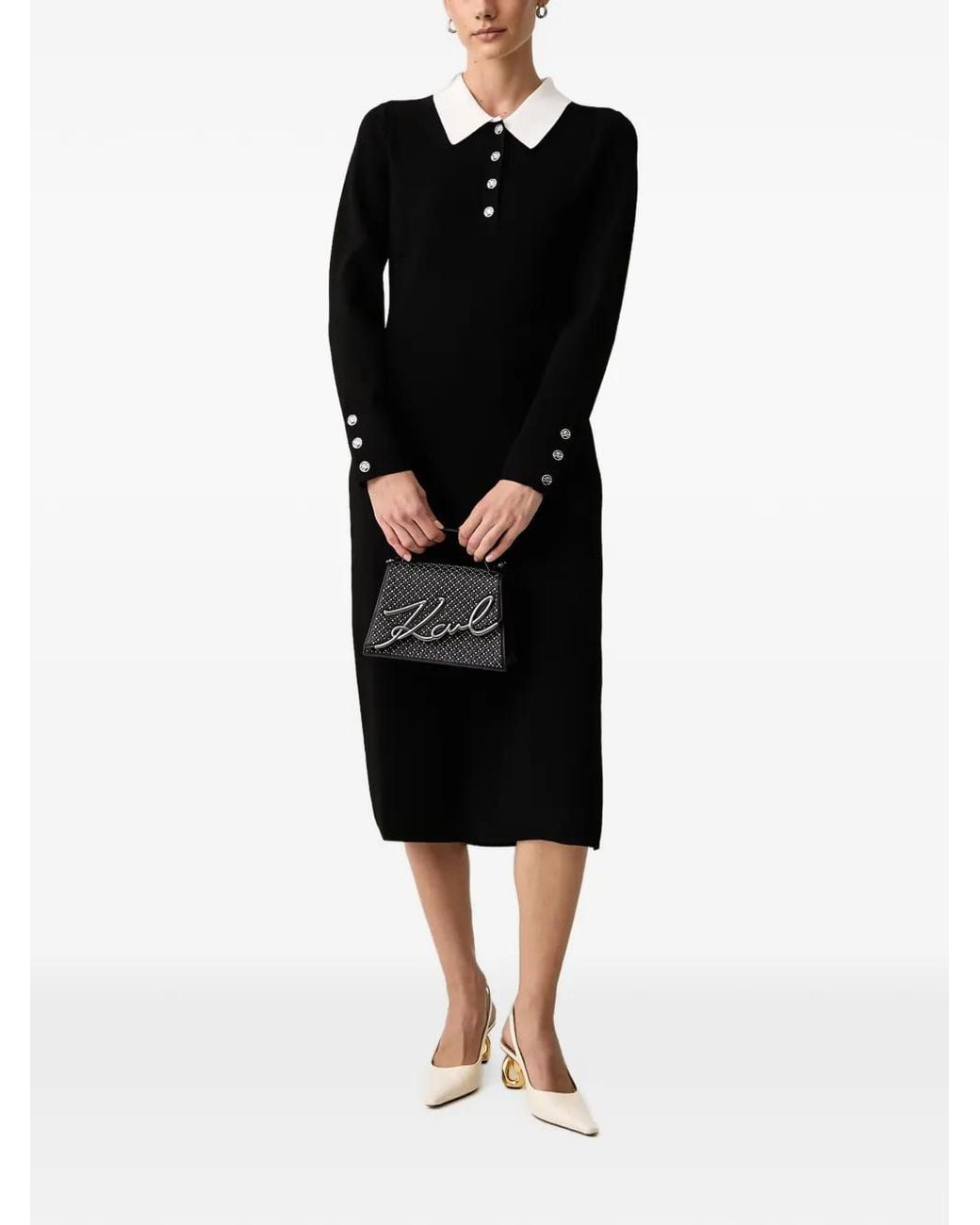 Karl Lagerfeld Black Logo-Button Contrast-Collar Midi Dress