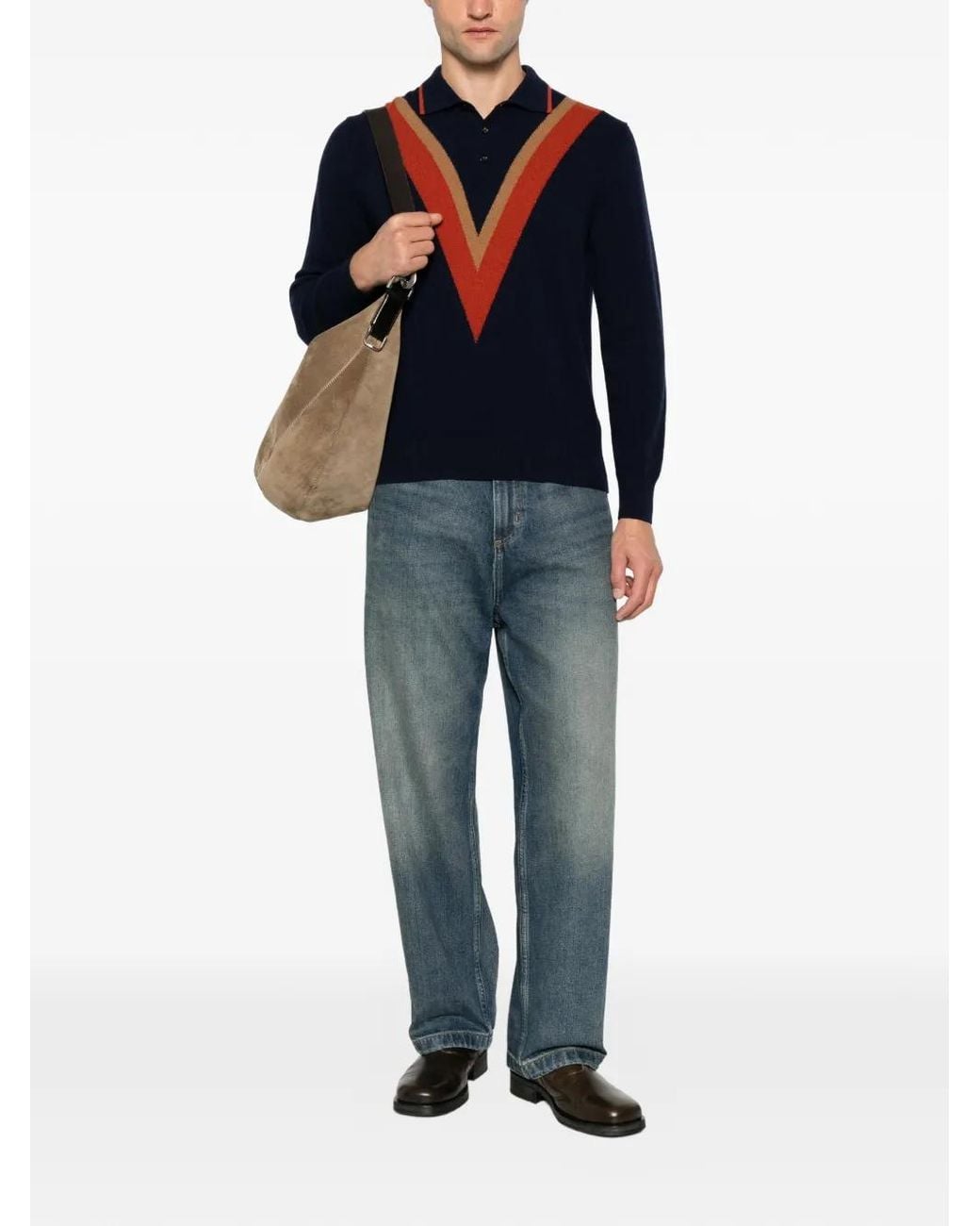 GALLIA Blue Chevron-Knit Polo Sweater for men