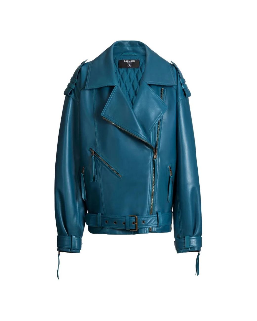 Balmain Blue Lambskin Leather Biker Jacket