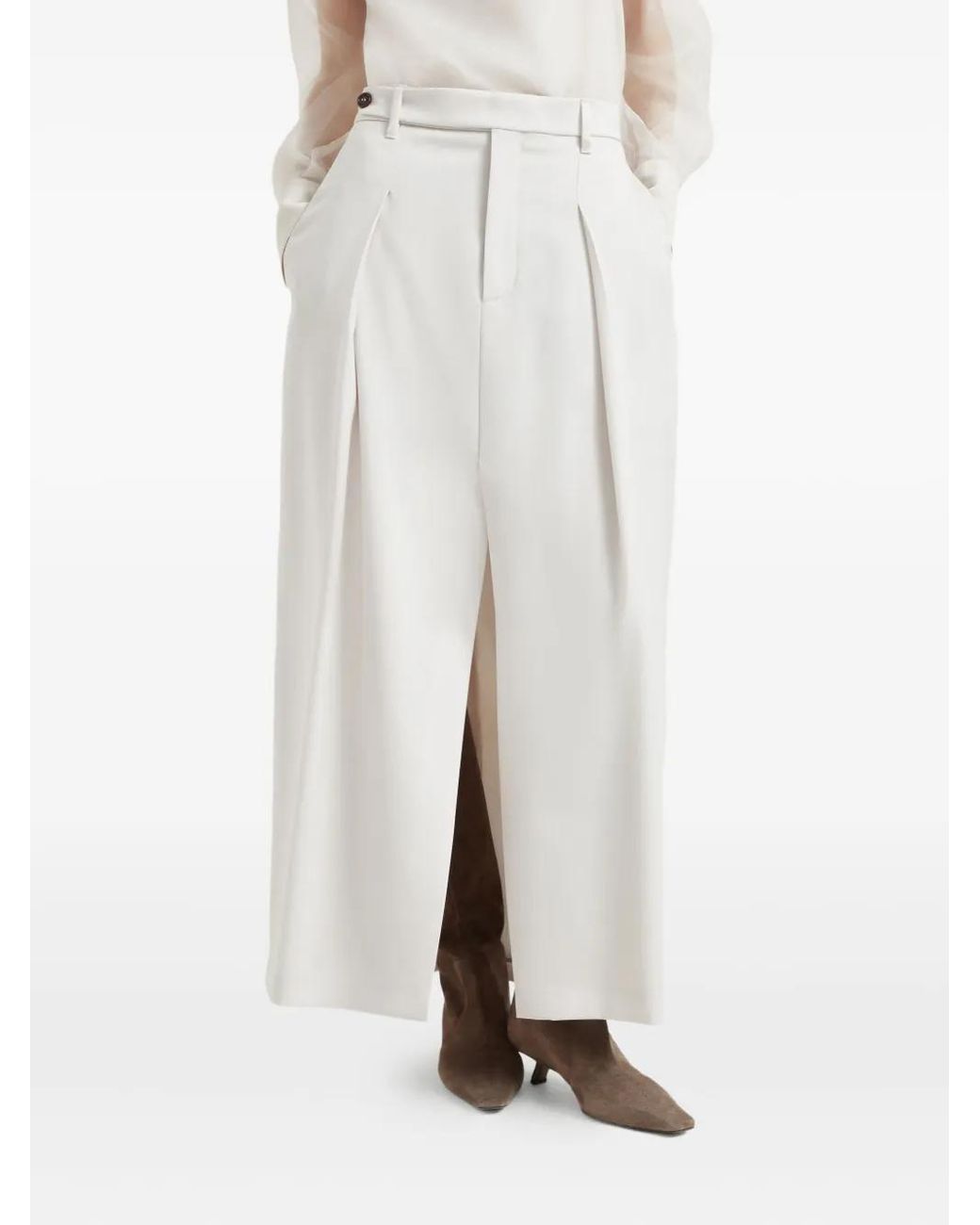 Brunello Cucinelli White Pleated Front-Split Maxi Skirt