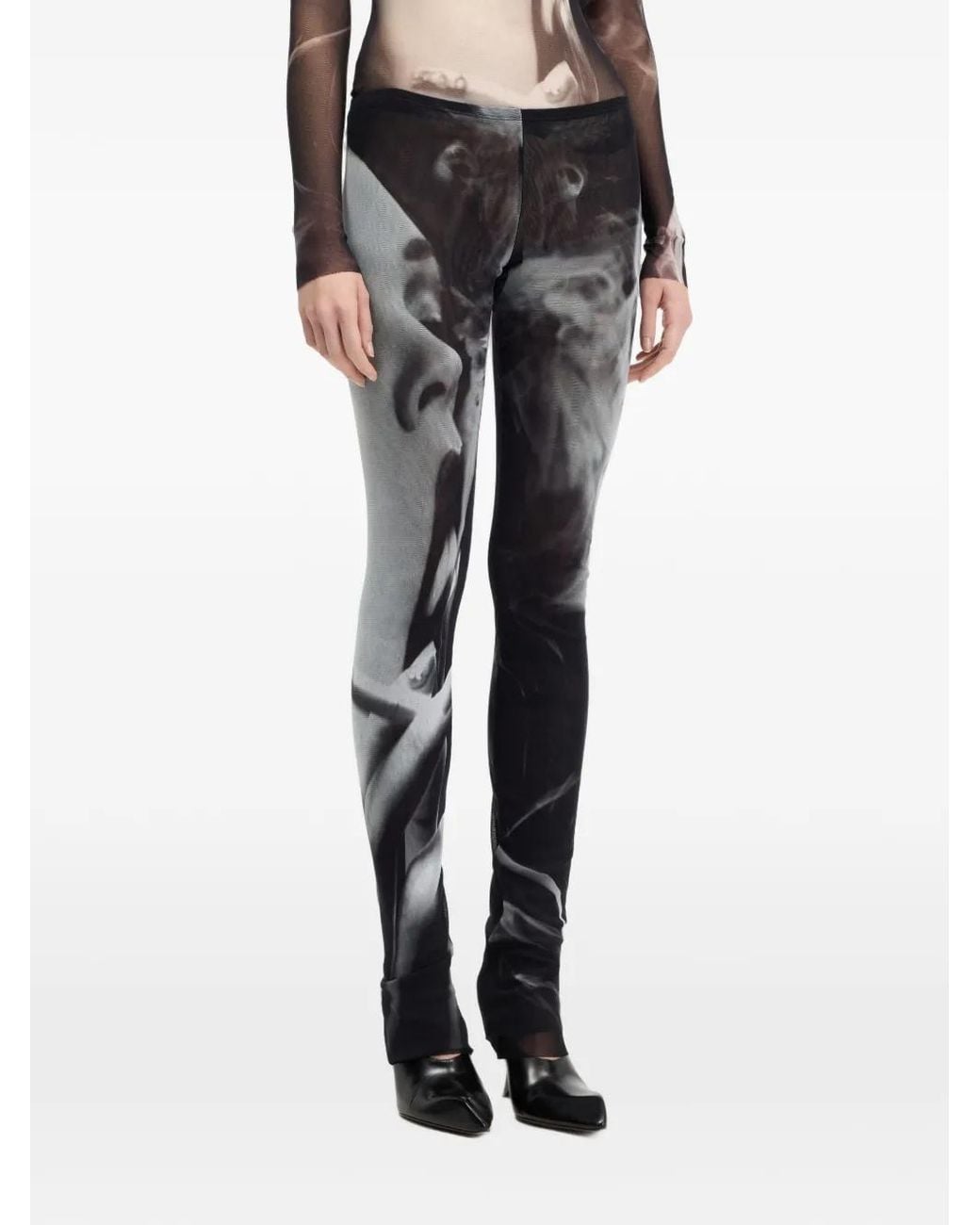 Jean Paul Gaultier Black Mesh Flare Pants Printed "Smoking
