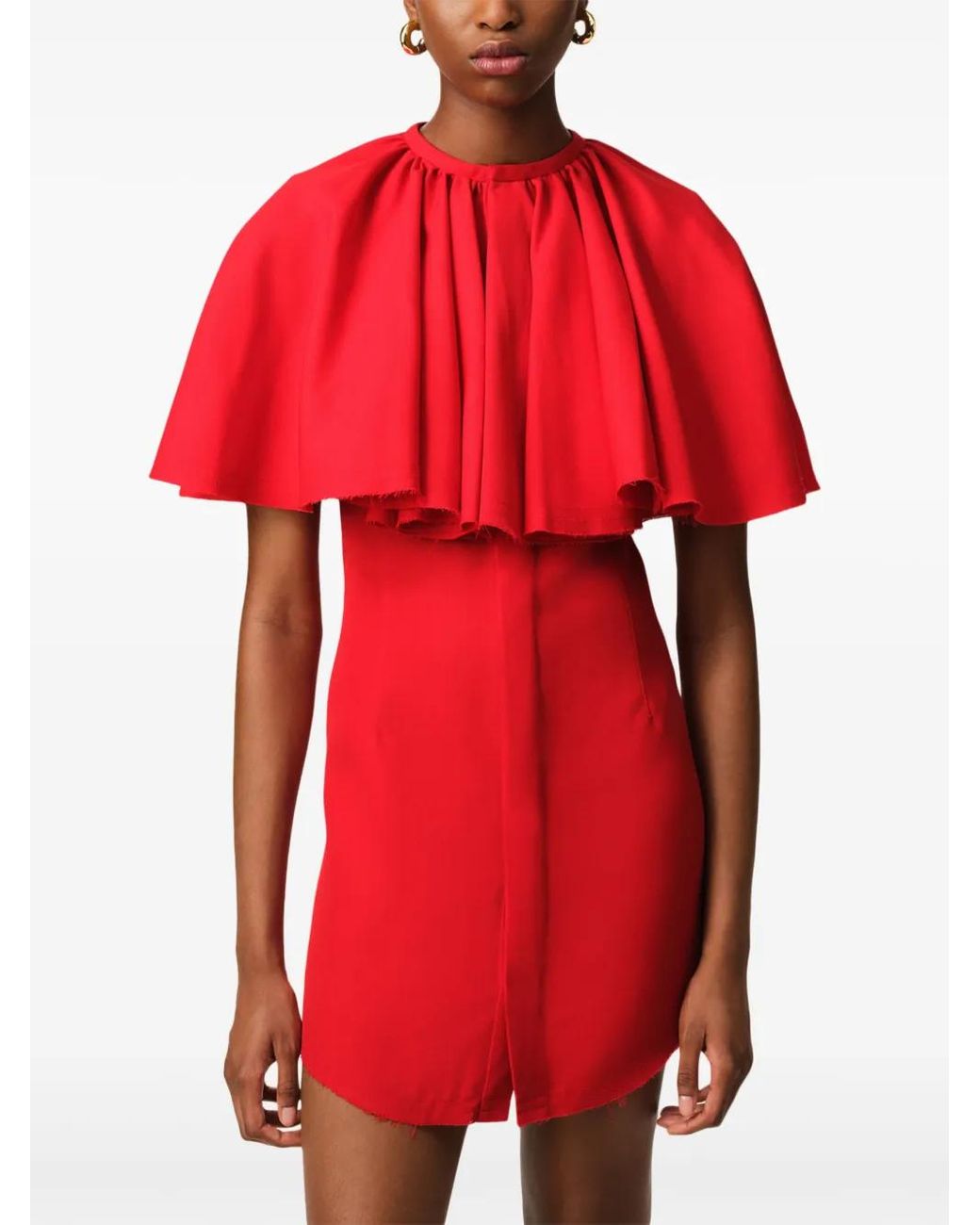 AMI Red Cape-Overlay Frayed-Edge Mini Dress