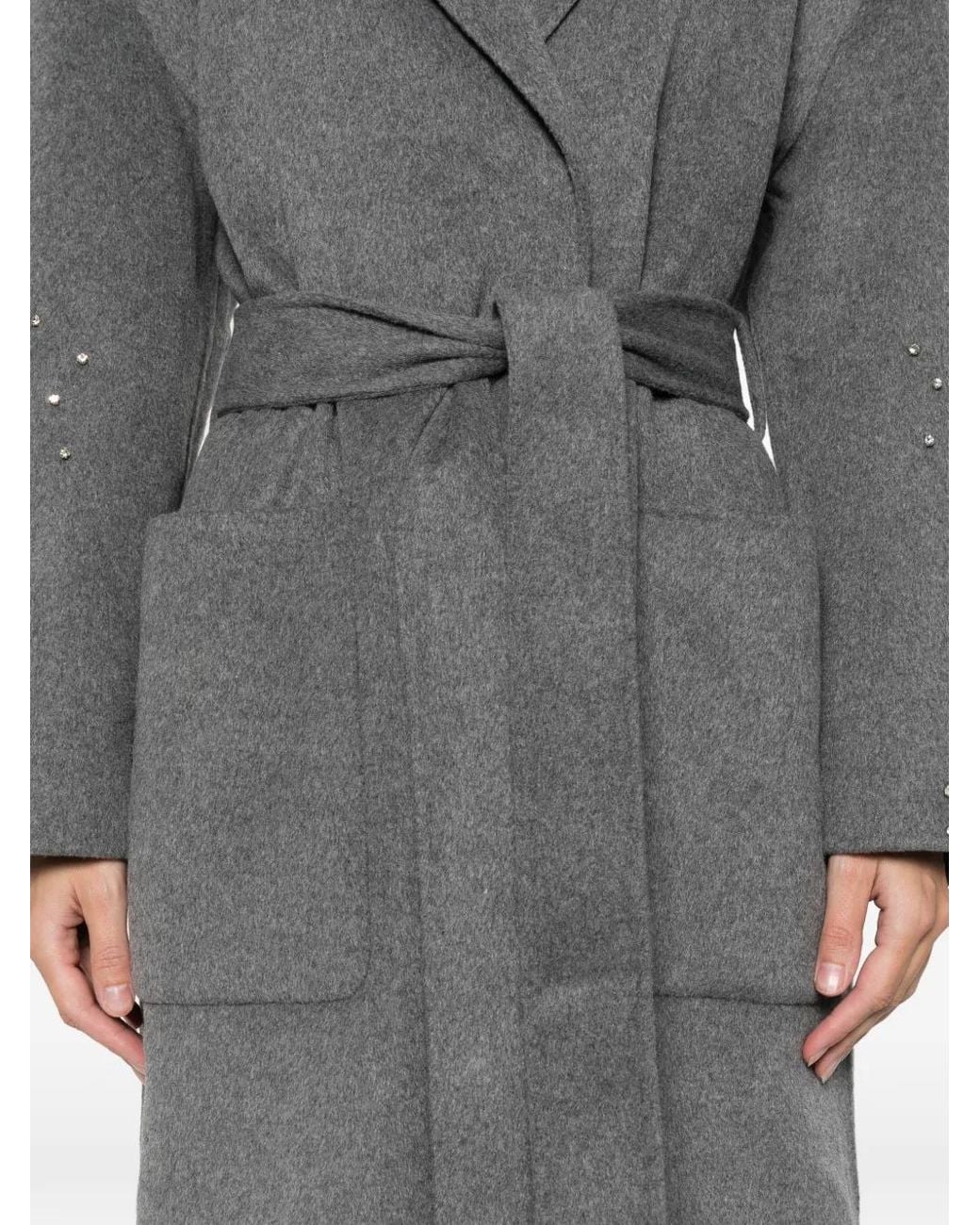 Maje Gray Embellished-Belted Single-Breasted Coat