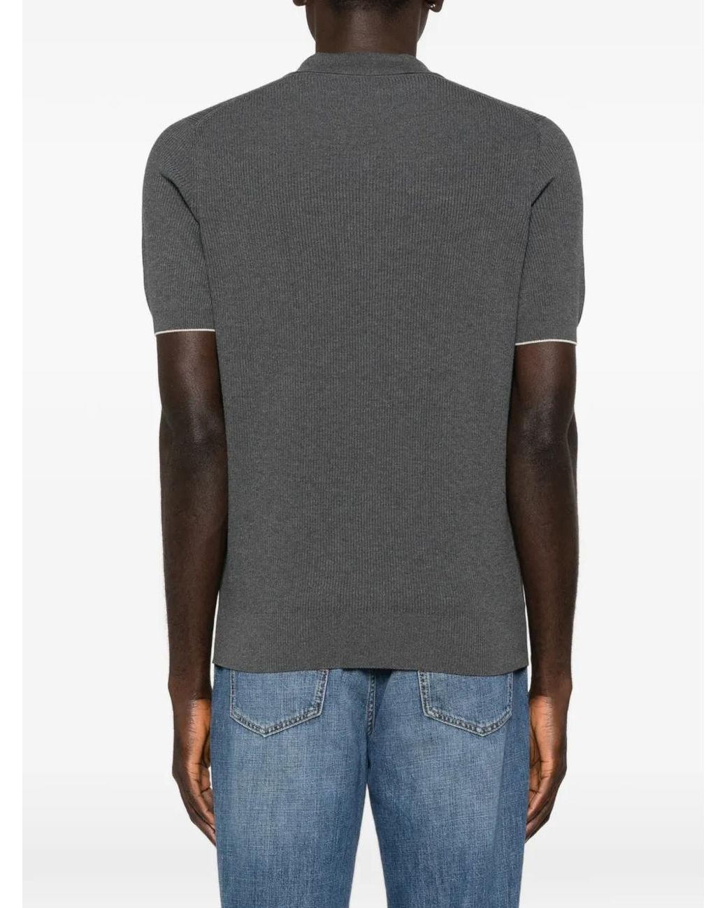 Brunello Cucinelli Black Cotton English Rib Knit Polo for men