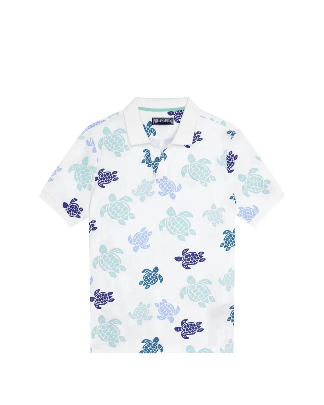 Vilebrequin Blue Cotton Piqué Polo Shirt With Contrasting All-Over Ronde Des Tortues Print for men