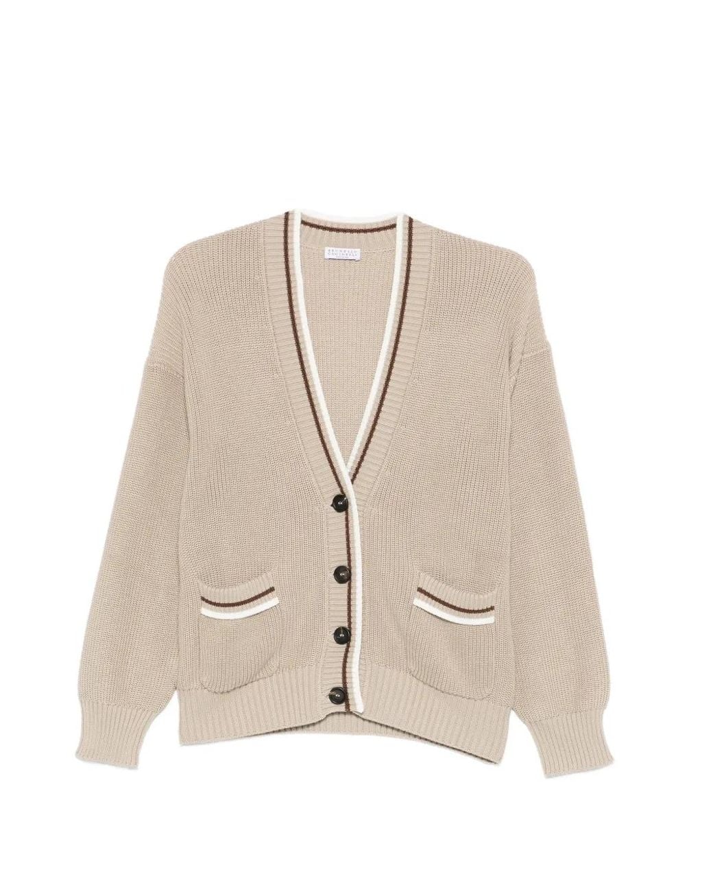 Brunello Cucinelli Natural Buttoned Striped-Detail Cardigan
