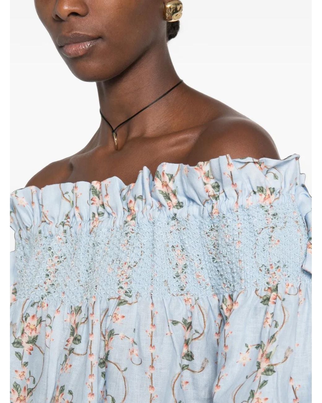 Agua Bendita Blue Isla Navegante Floral-Print Ruffled Top