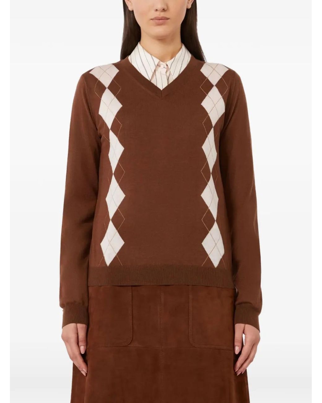 Max Mara Brown Argyle V-Neck Sweater