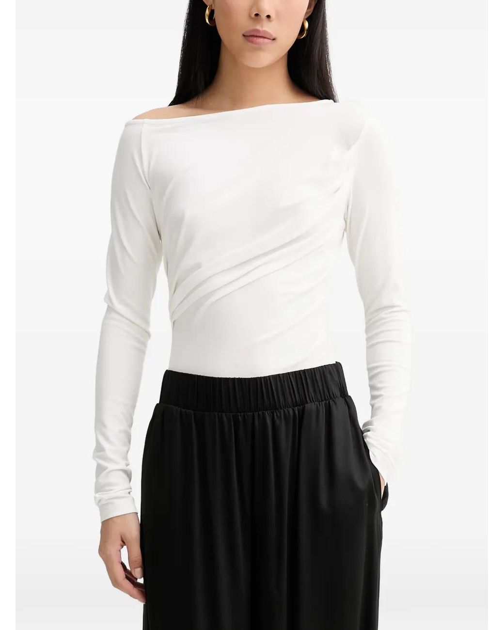 La Mania White Enza Asymmetric Draped Top