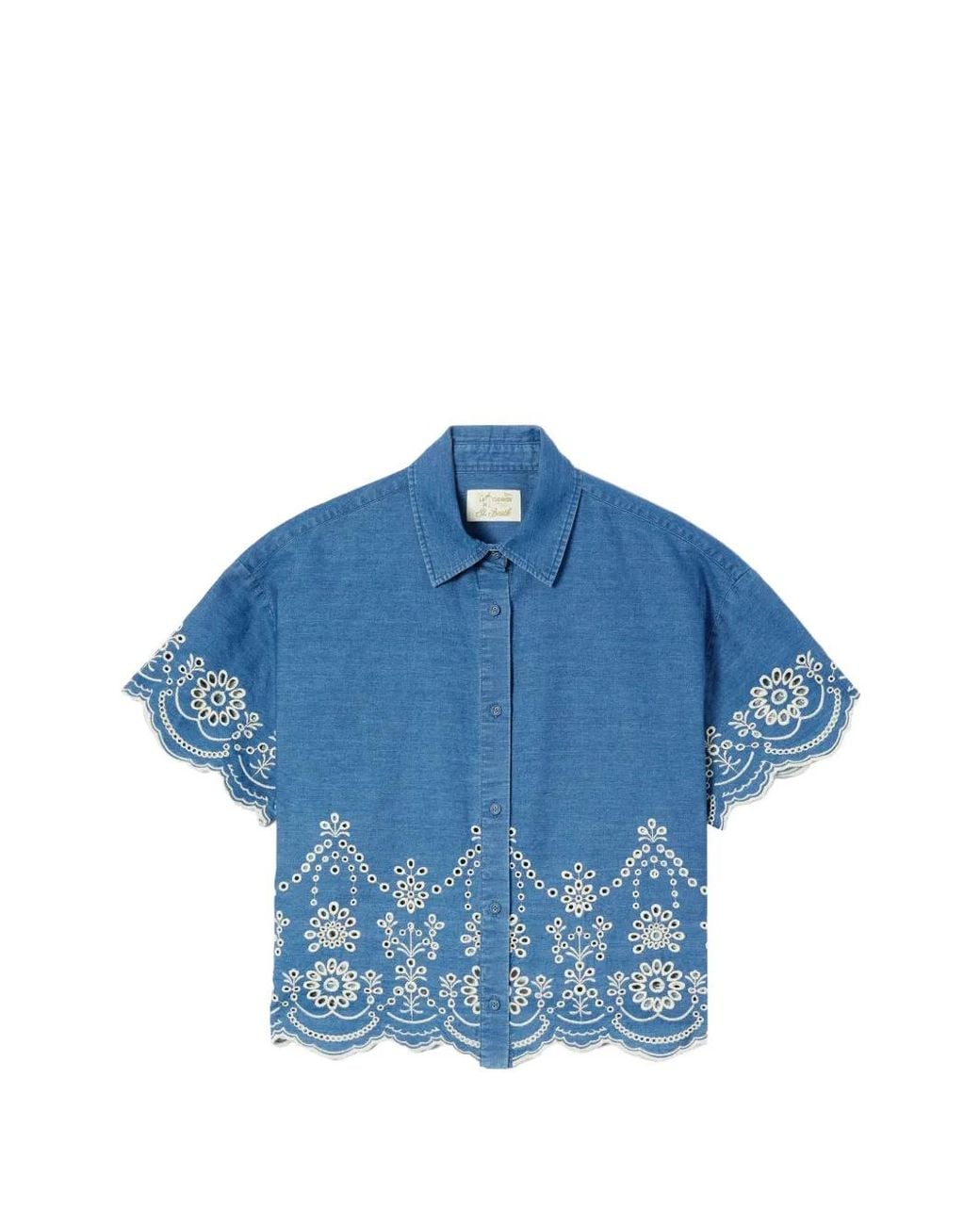 Mc2 Saint Barth Blue Clementine Chambray Shirt With Floral Embroidery