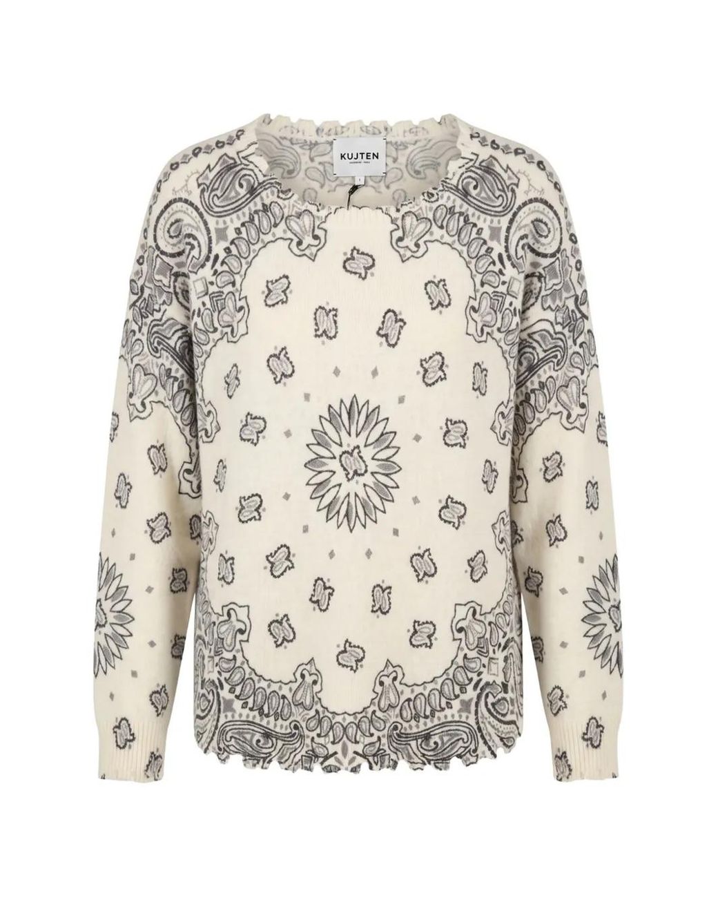 Kujten White Paisley-Print Distressed-Effect Sweater