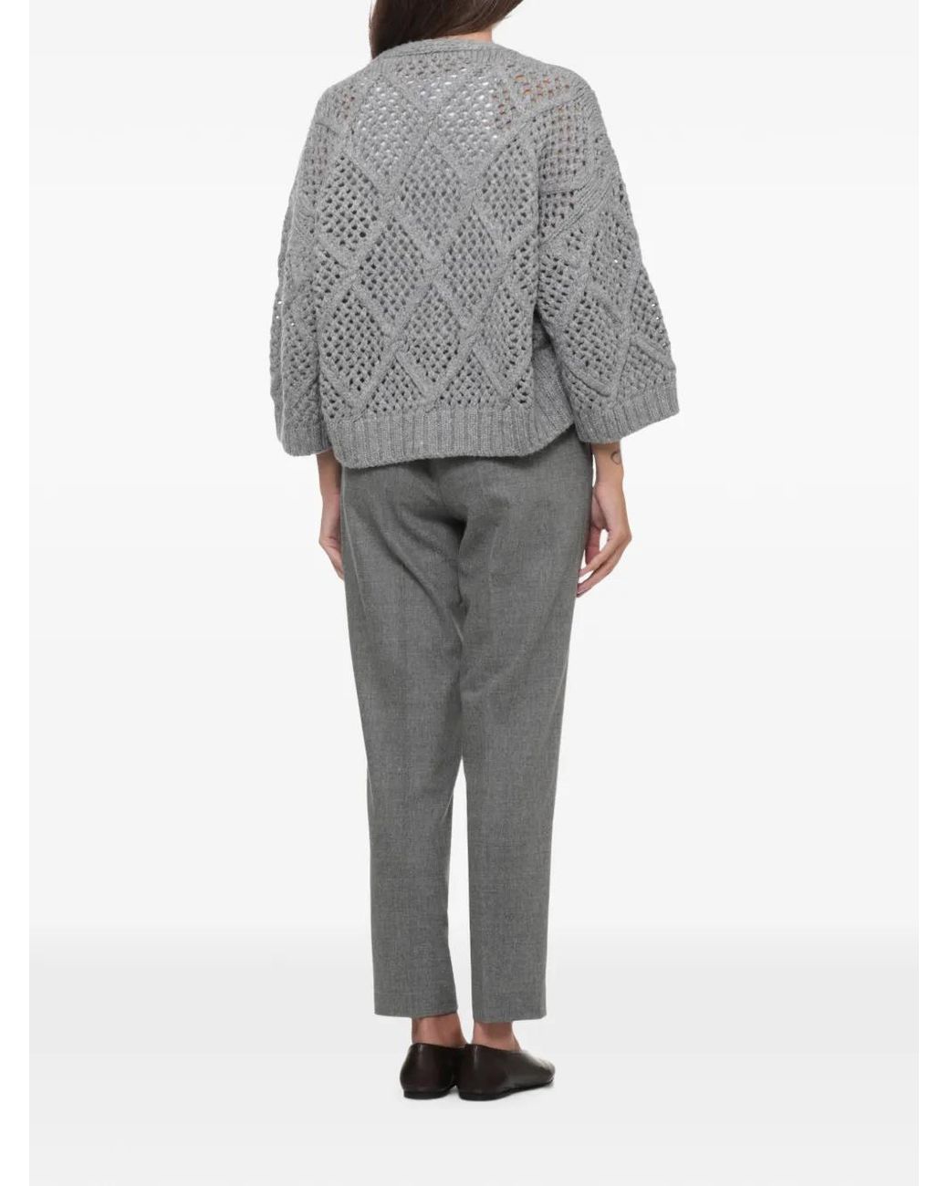 Peserico Gray Perforated-Knit Bead-Embellished Sweater