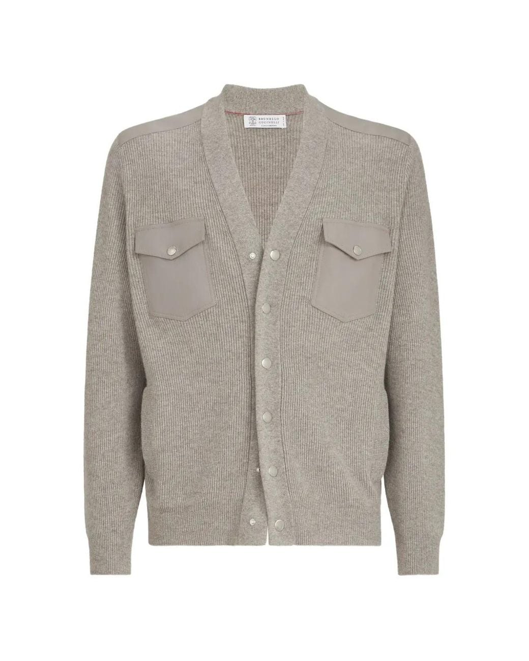Brunello Cucinelli Gray Cashmere Cardigan With Chest Pockets And Snap Buttons for men