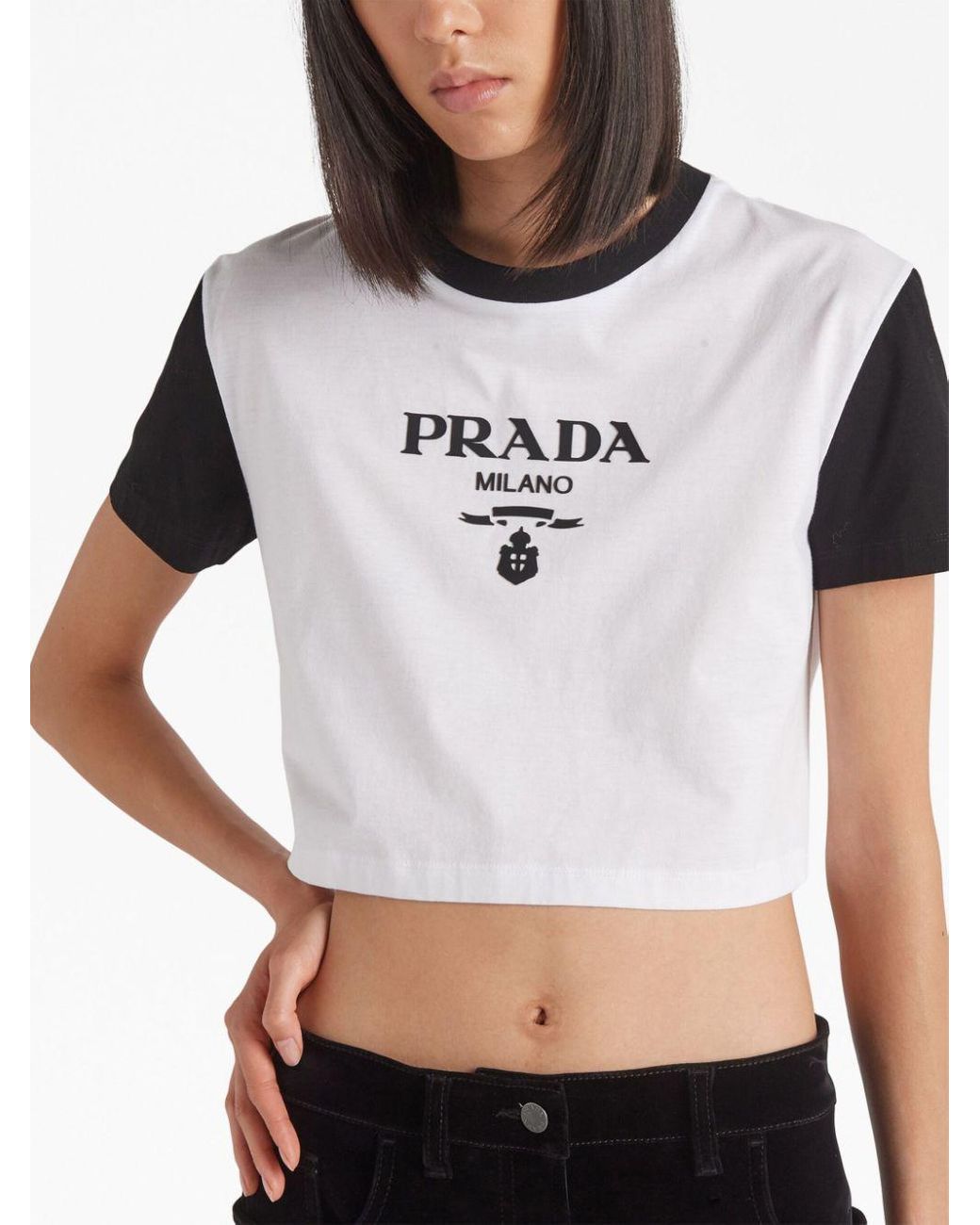 Prada Logo-Print Cropped T-Shirt in White | Lyst