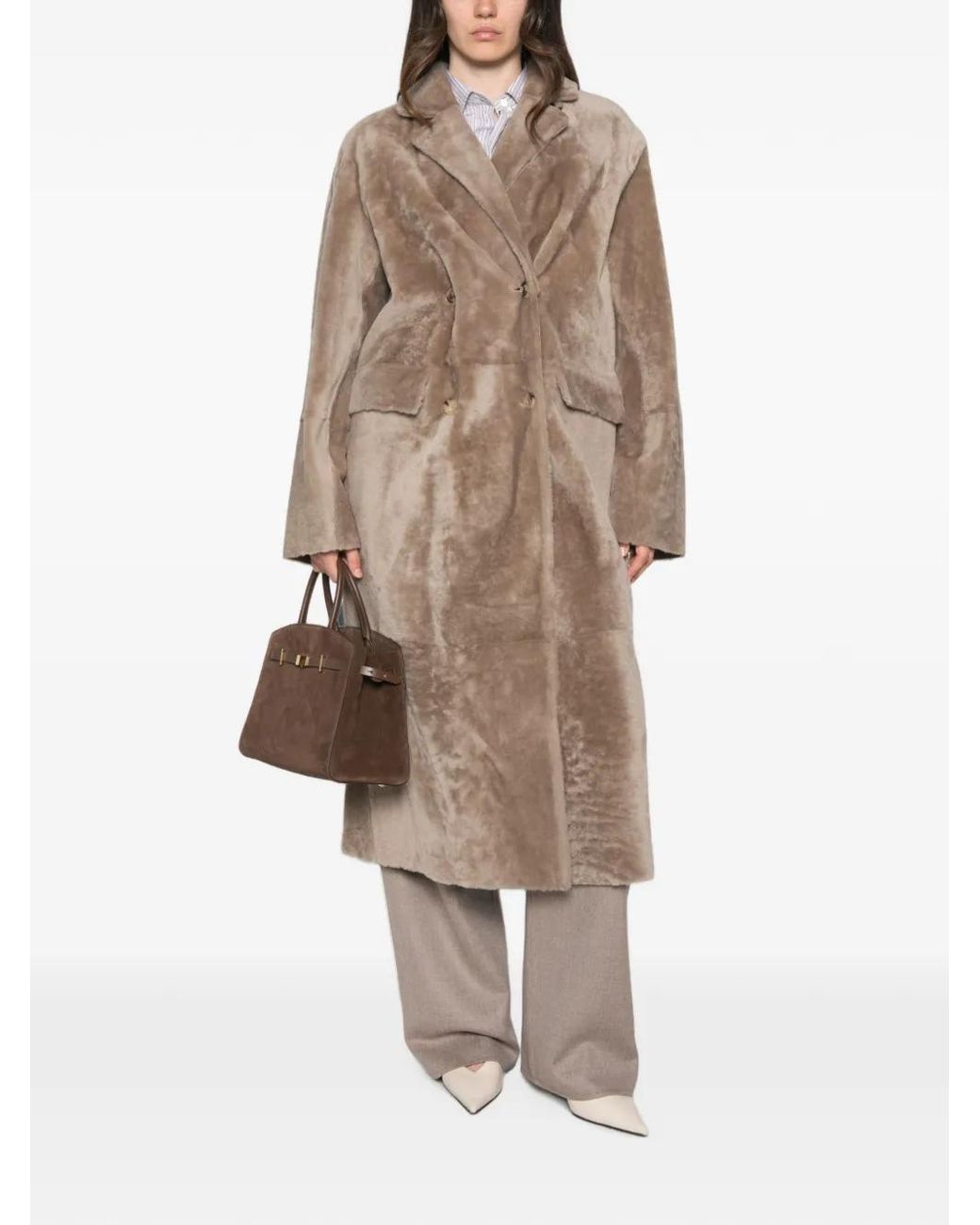UTZON Natural Double-Breasted Reversible Shearling Coat