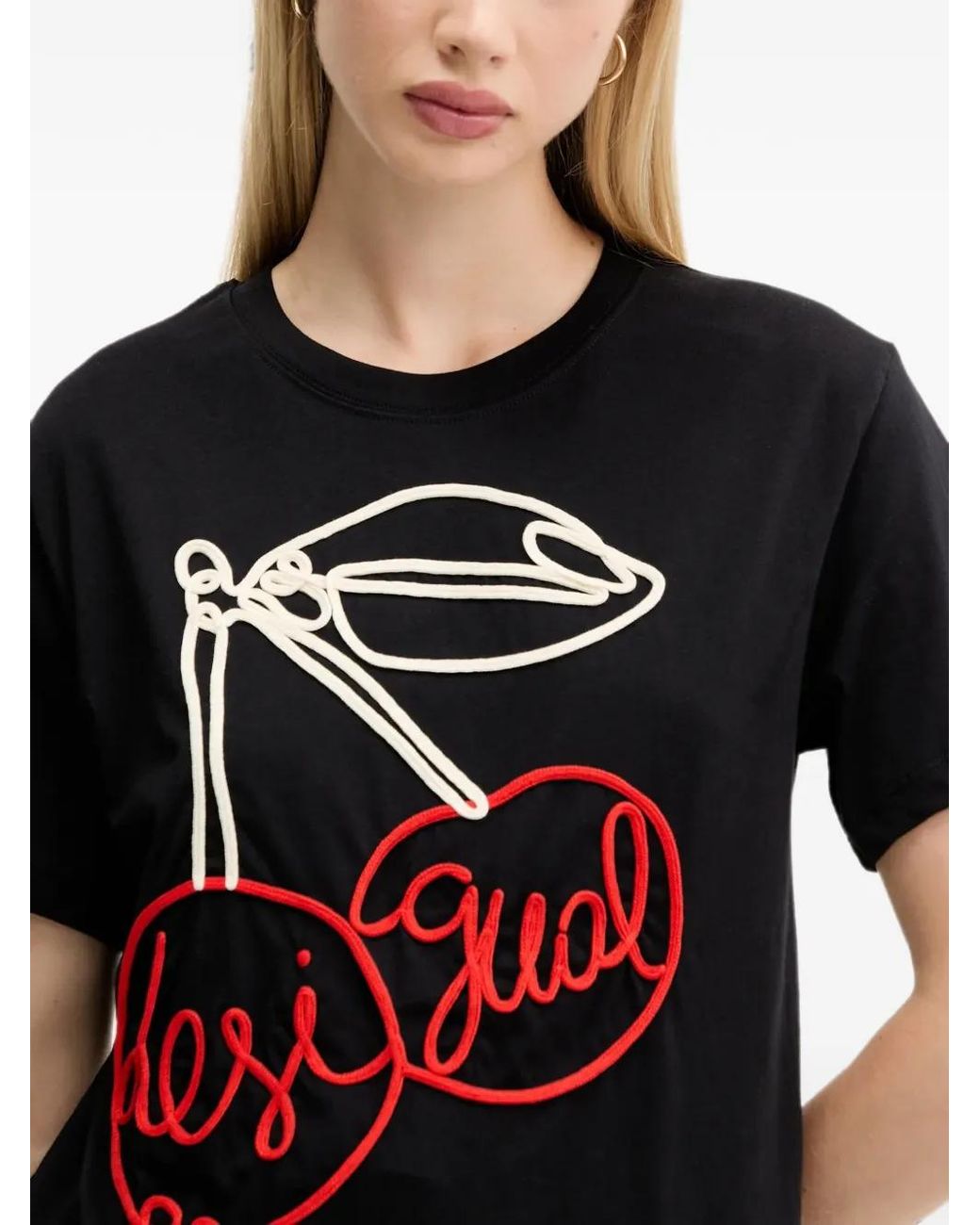 Desigual Black Cherry-Embroidered T-Shirt