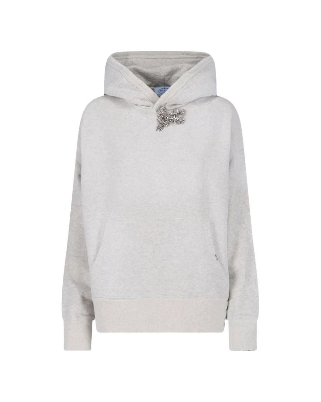 Prada Gray Cotton Fleece Hoodie With Jewel Brooch