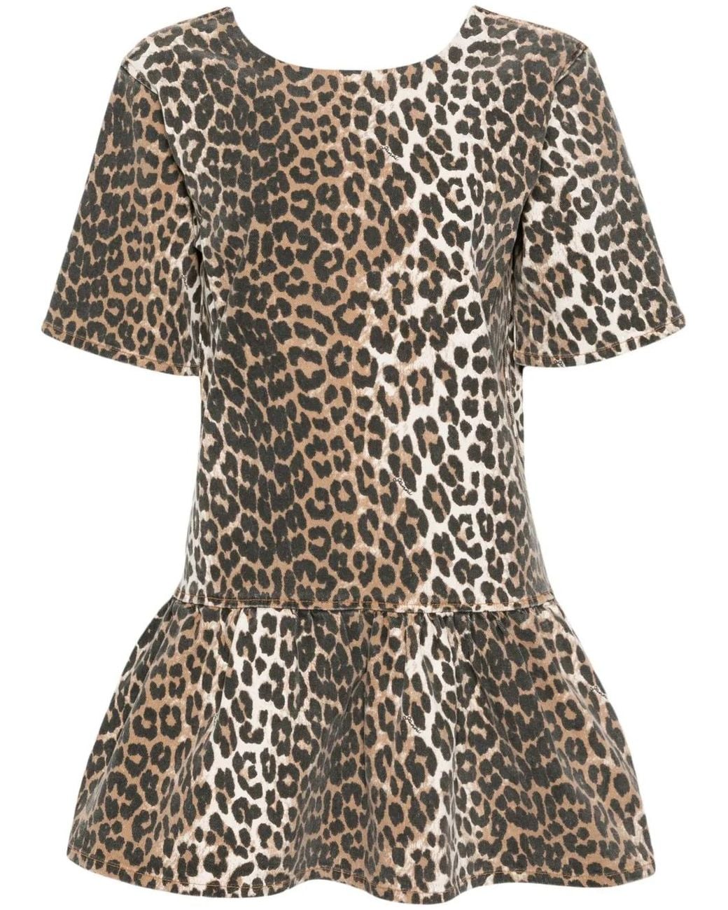 Ganni Black Leopard-print Peplum-hem Mini Dress