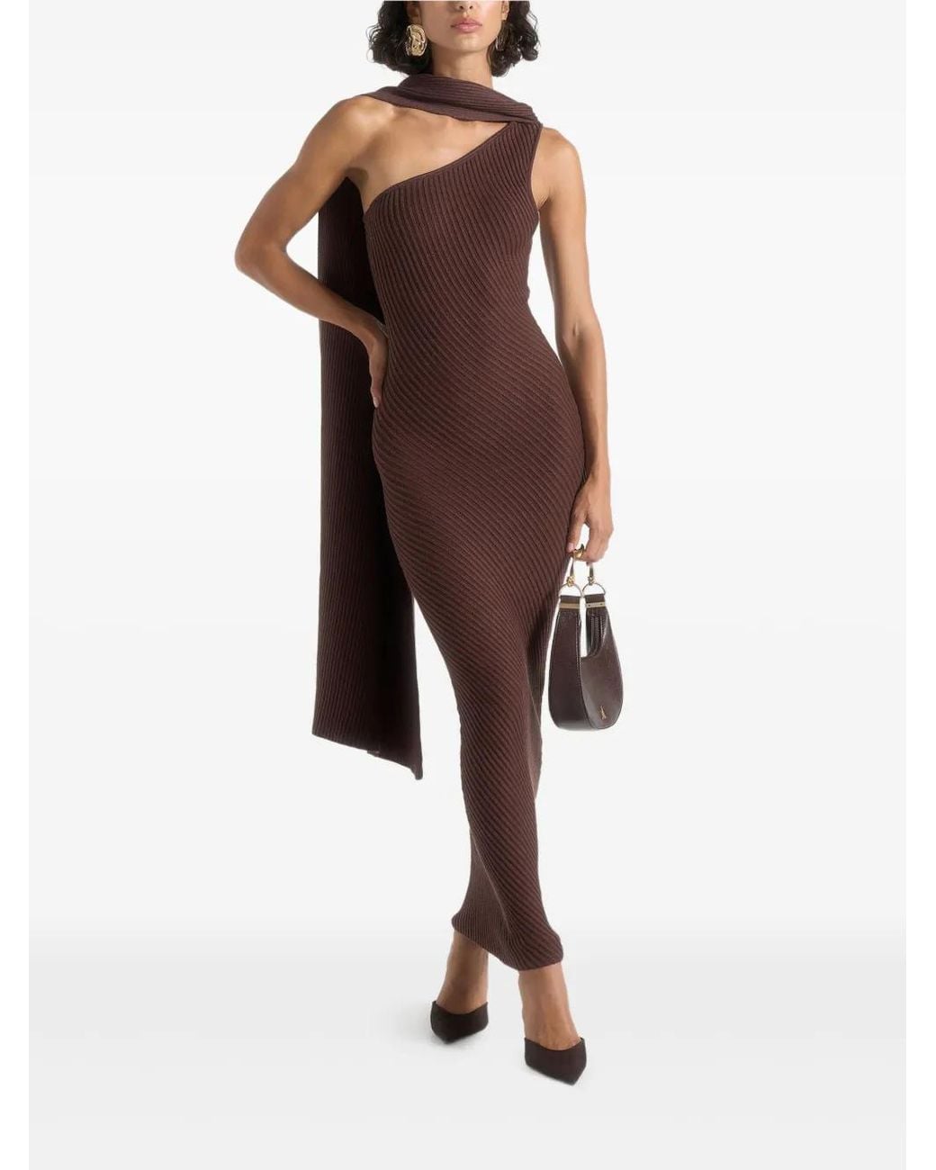 Manière De Voir Brown Laya Asymmetric Knit Maxi Dress With Scarf