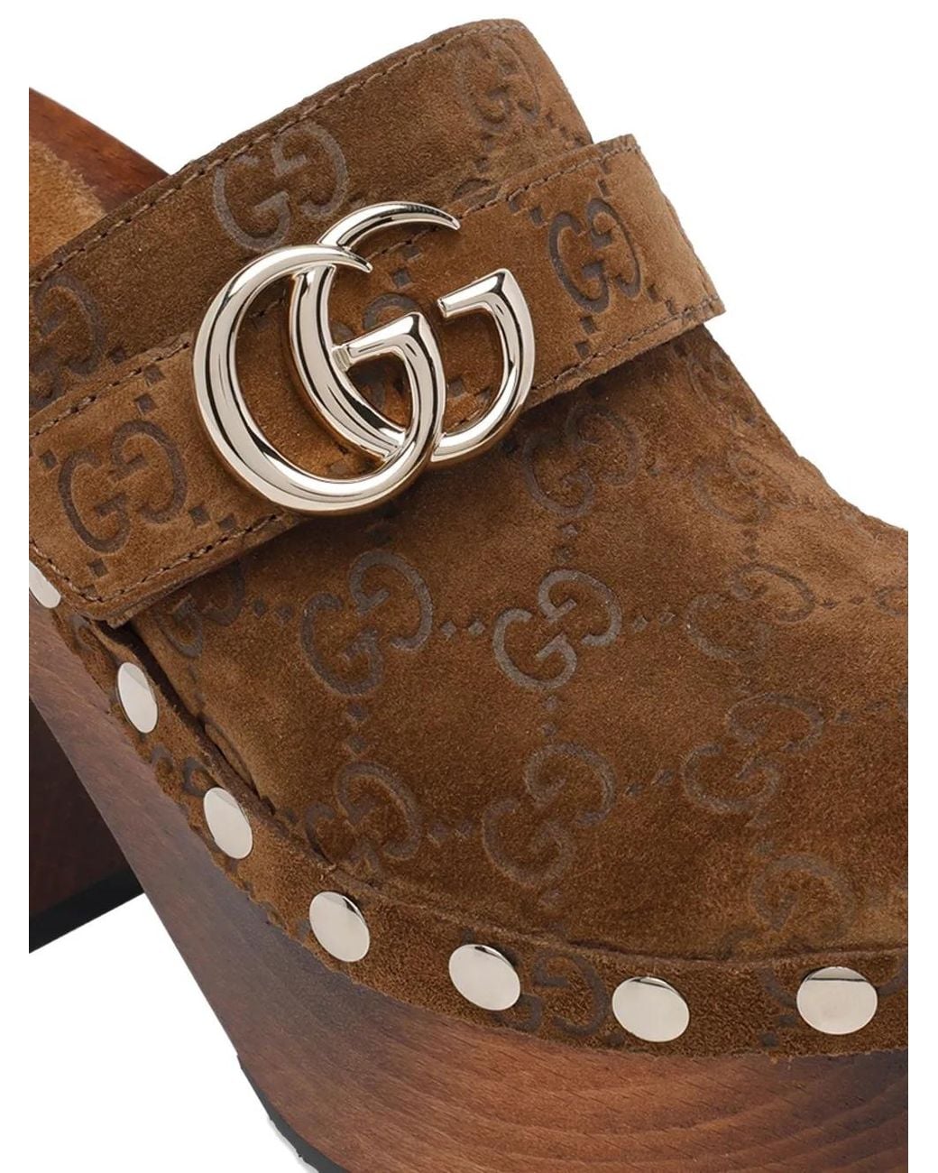 Gucci Brown Mules Double G En Daim À Clous