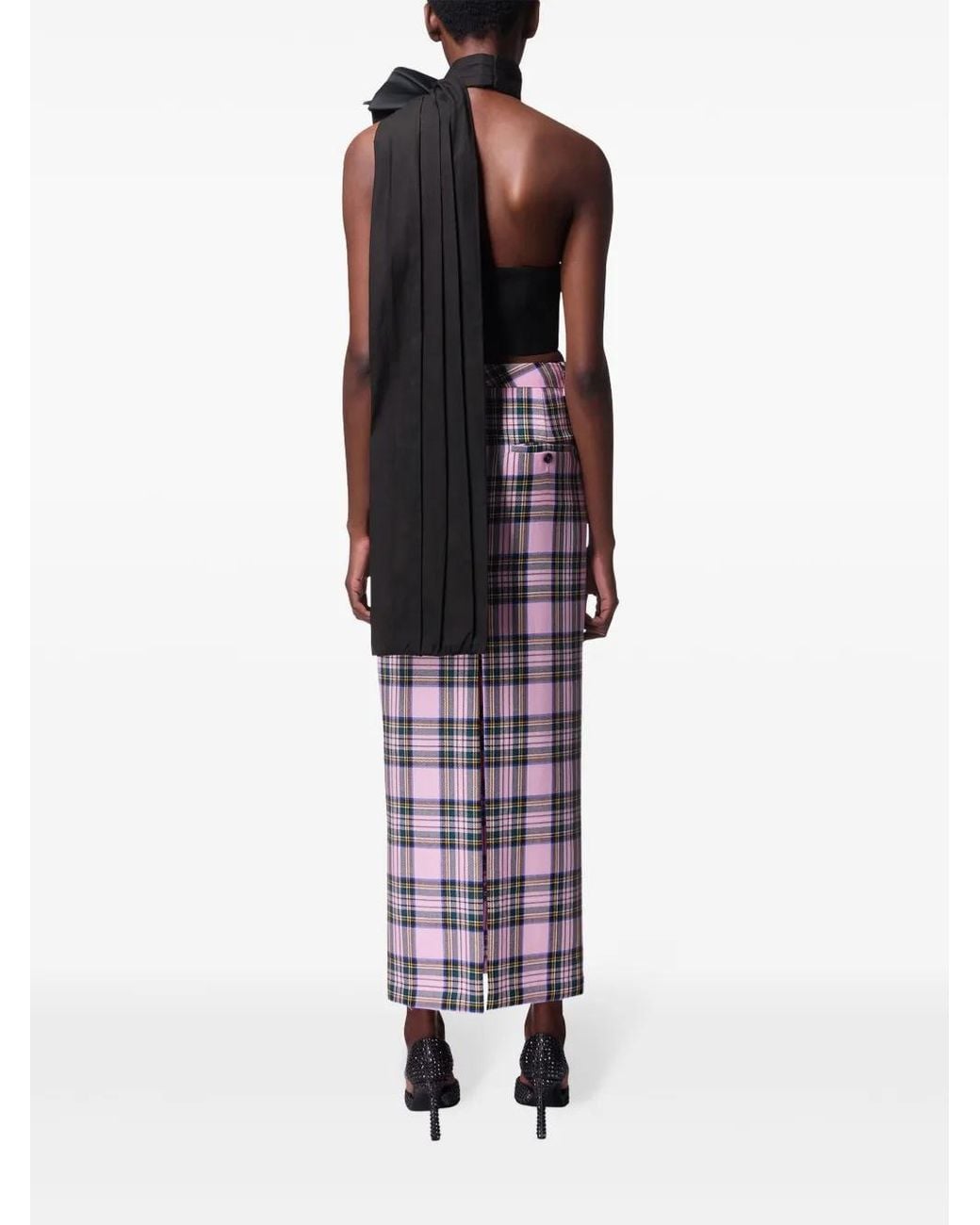 Area Pink Checked Wool Midi Skirt